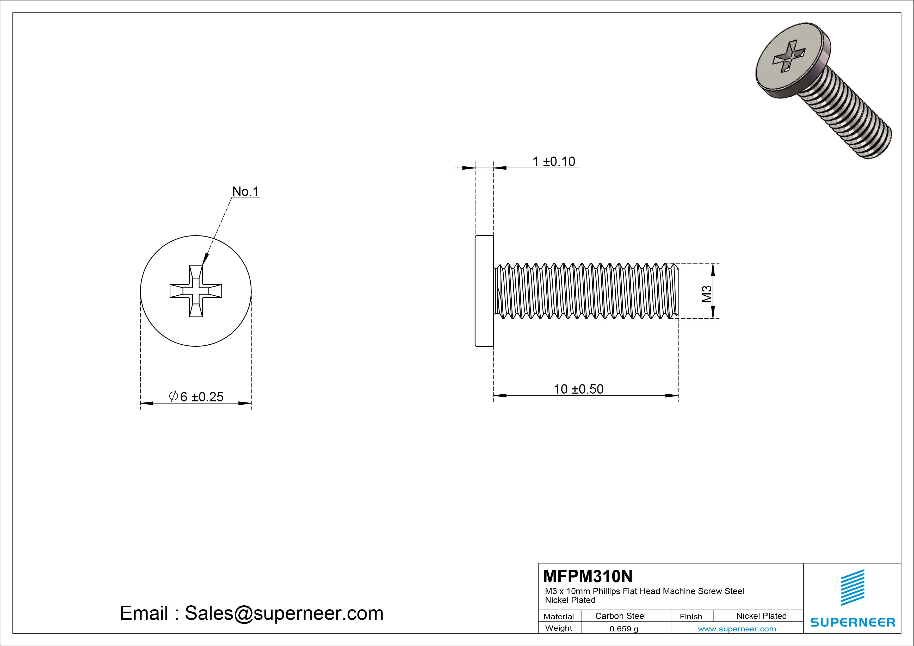 M3 x 10mm Phillips Flat Head Machine Screw Carbon Steel Nickel Plated 