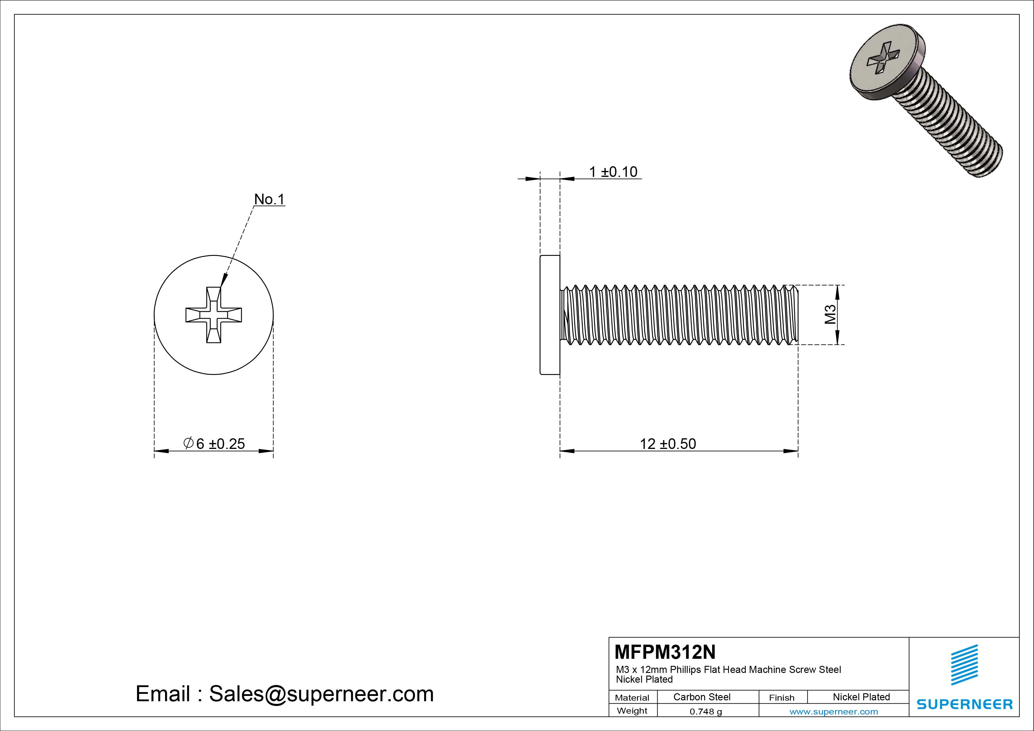 M3 x 12mm Phillips Flat Head Machine Screw Carbon Steel Nickel Plated 