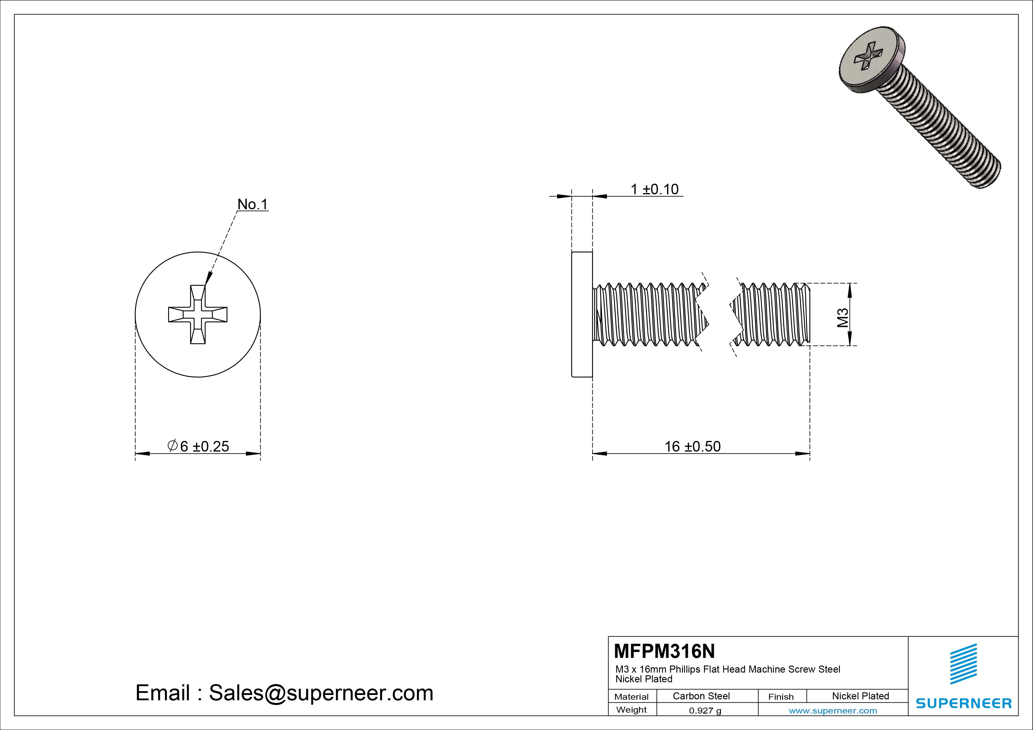 M3 x 16mm Phillips Flat Head Machine Screw Carbon Steel Nickel Plated 