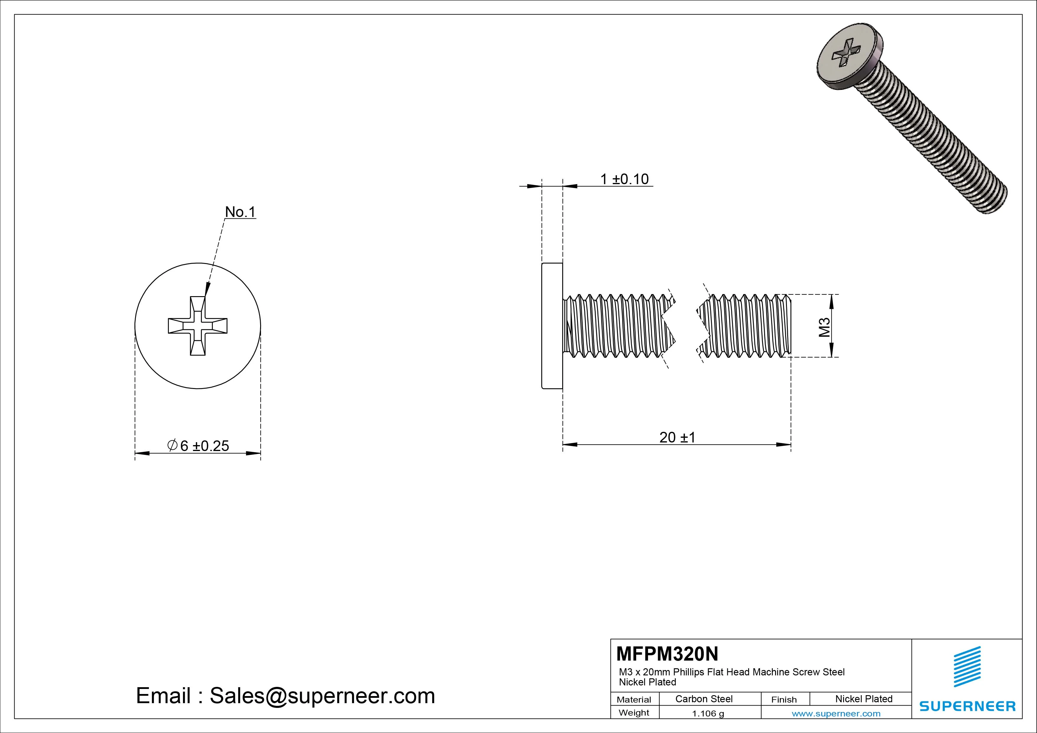M3 x 20mm Phillips Flat Head Machine Screw Carbon Steel Nickel Plated 