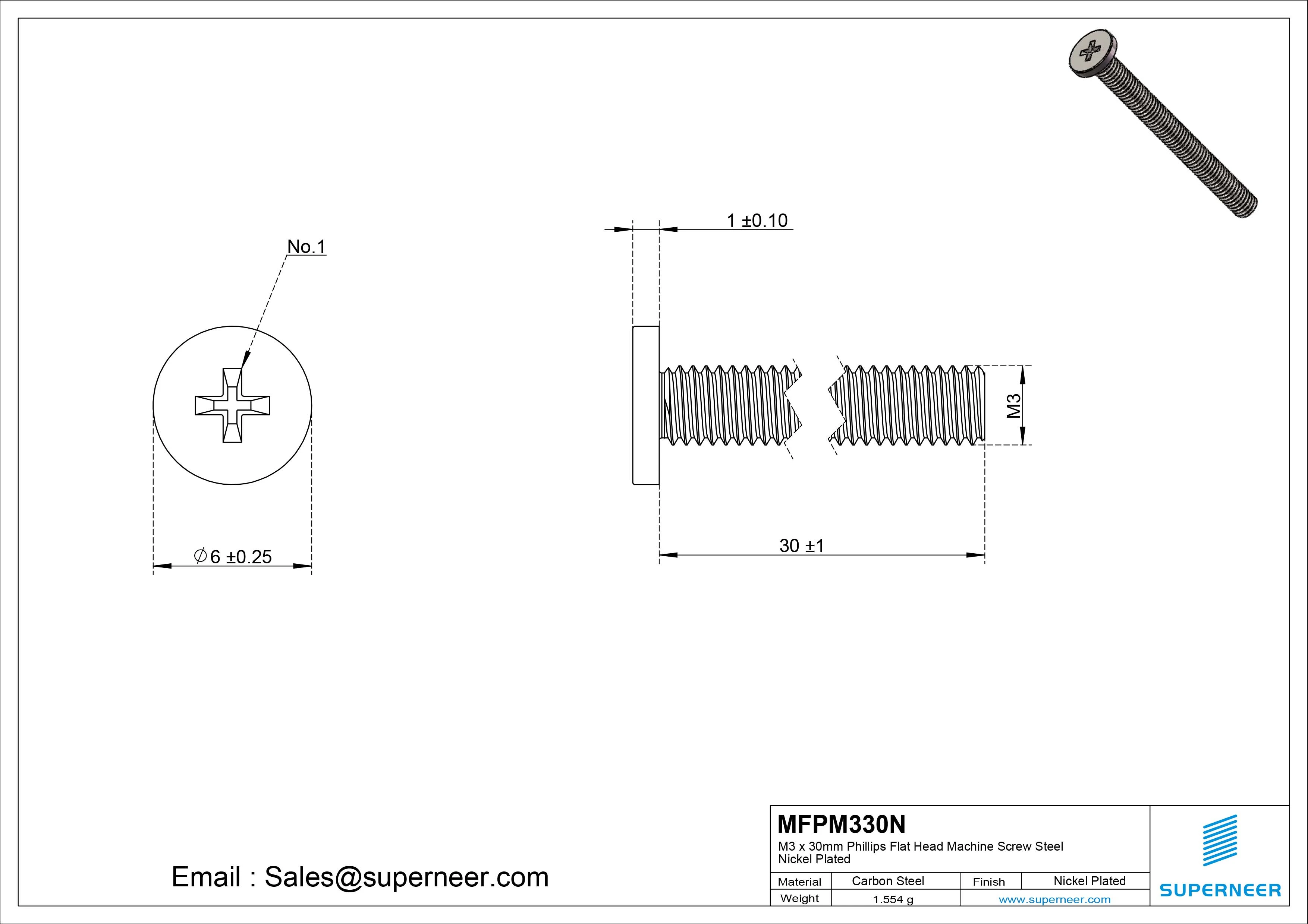 M3 x 30mm Phillips Flat Head Machine Screw Carbon Steel Nickel Plated 