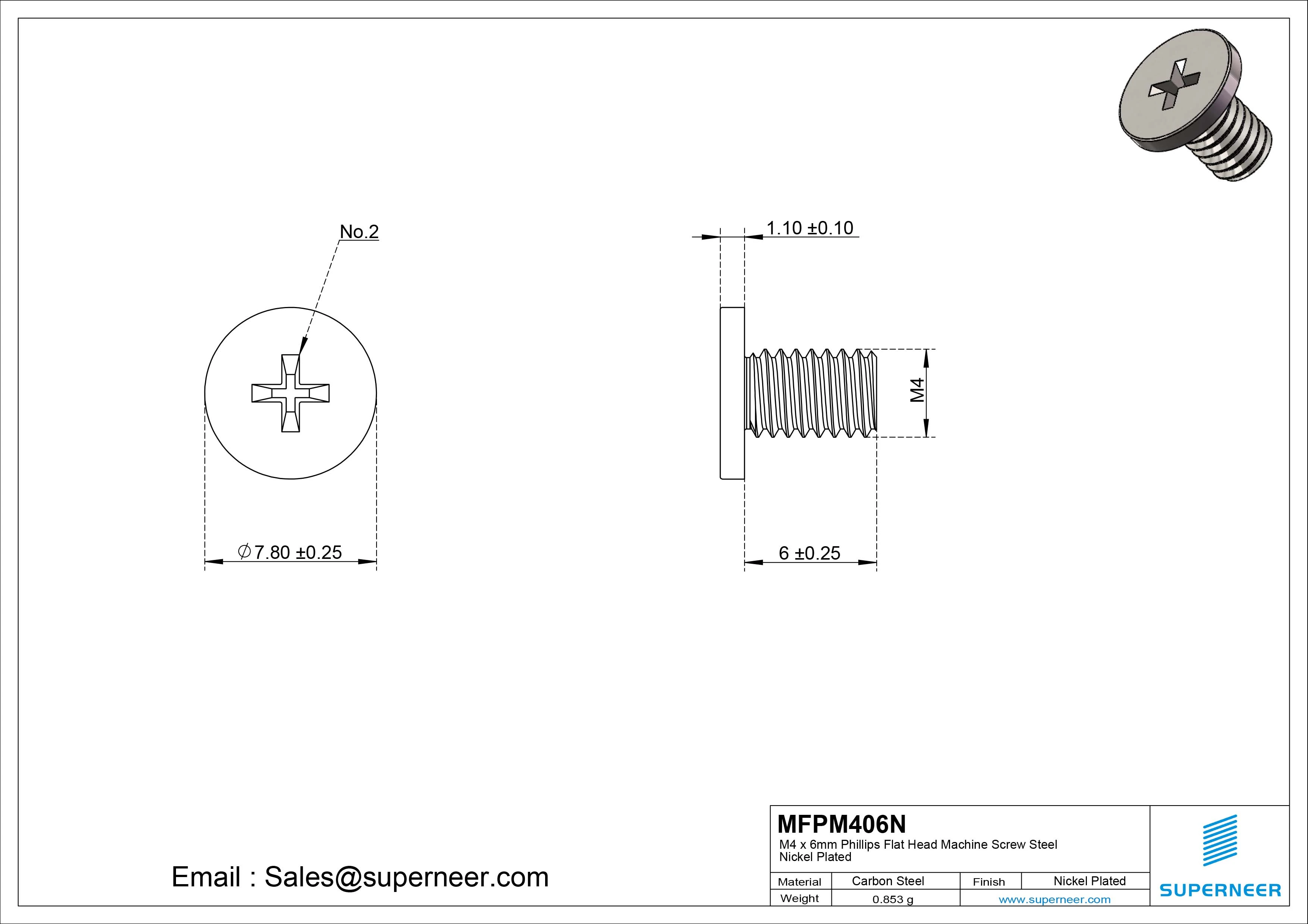 M4 x 6mm Phillips Flat Head Machine Screw Carbon Steel Nickel Plated 