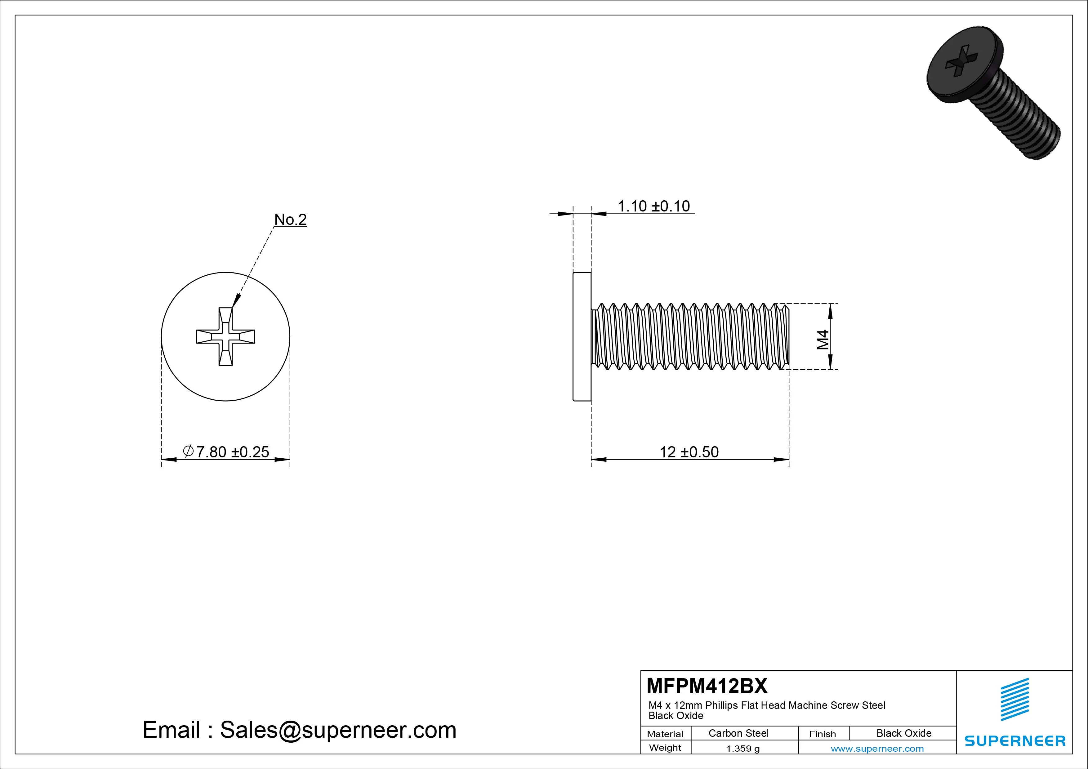 M4 x 12mm Phillips Flat Head Machine Screw Steel Black Oxide