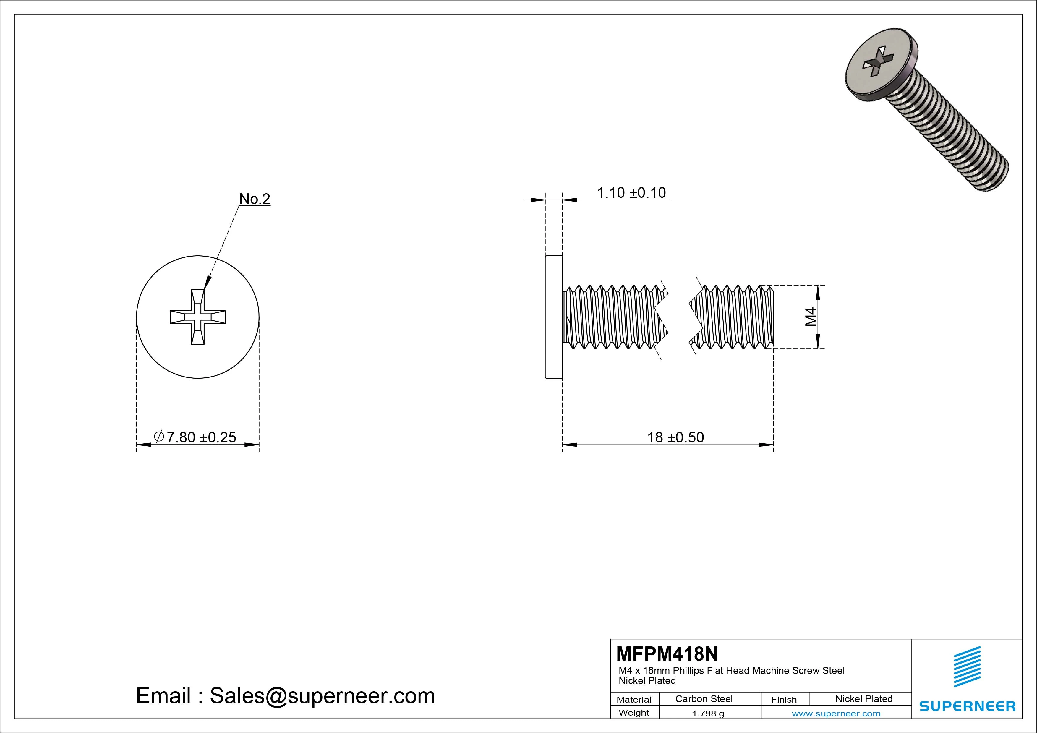 M4 x 18mm Phillips Flat Head Machine Screw Carbon Steel Nickel Plated 