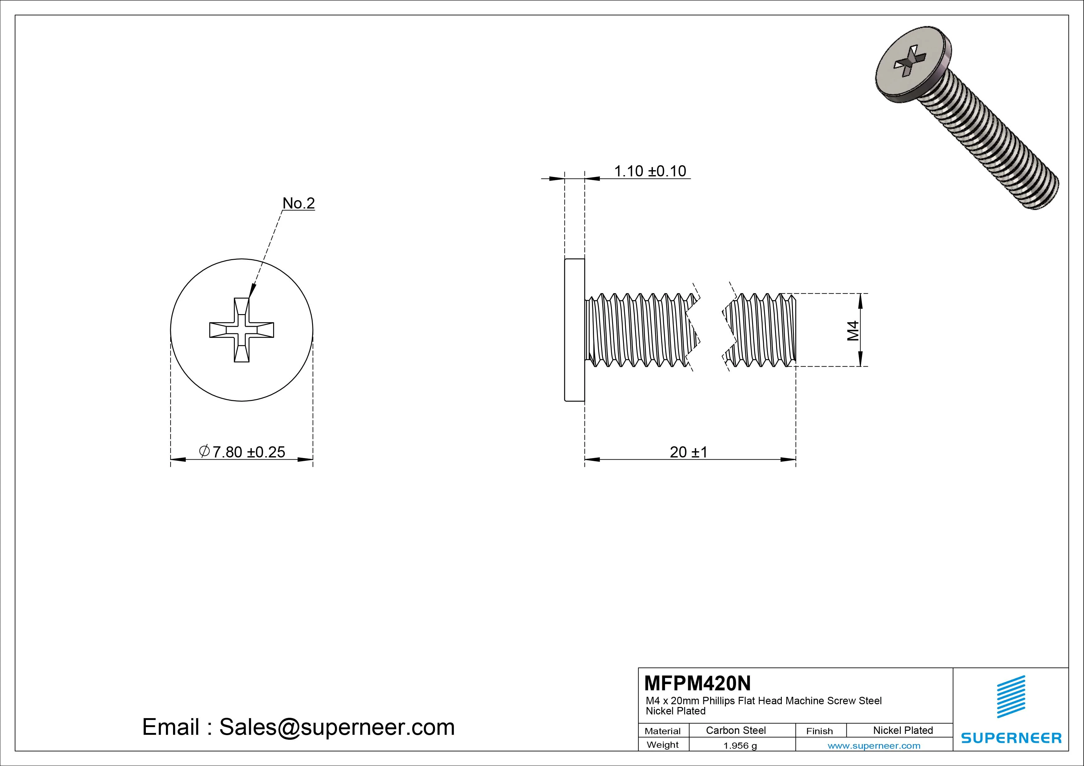 M4 x 20mm Phillips Flat Head Machine Screw Carbon Steel Nickel Plated 