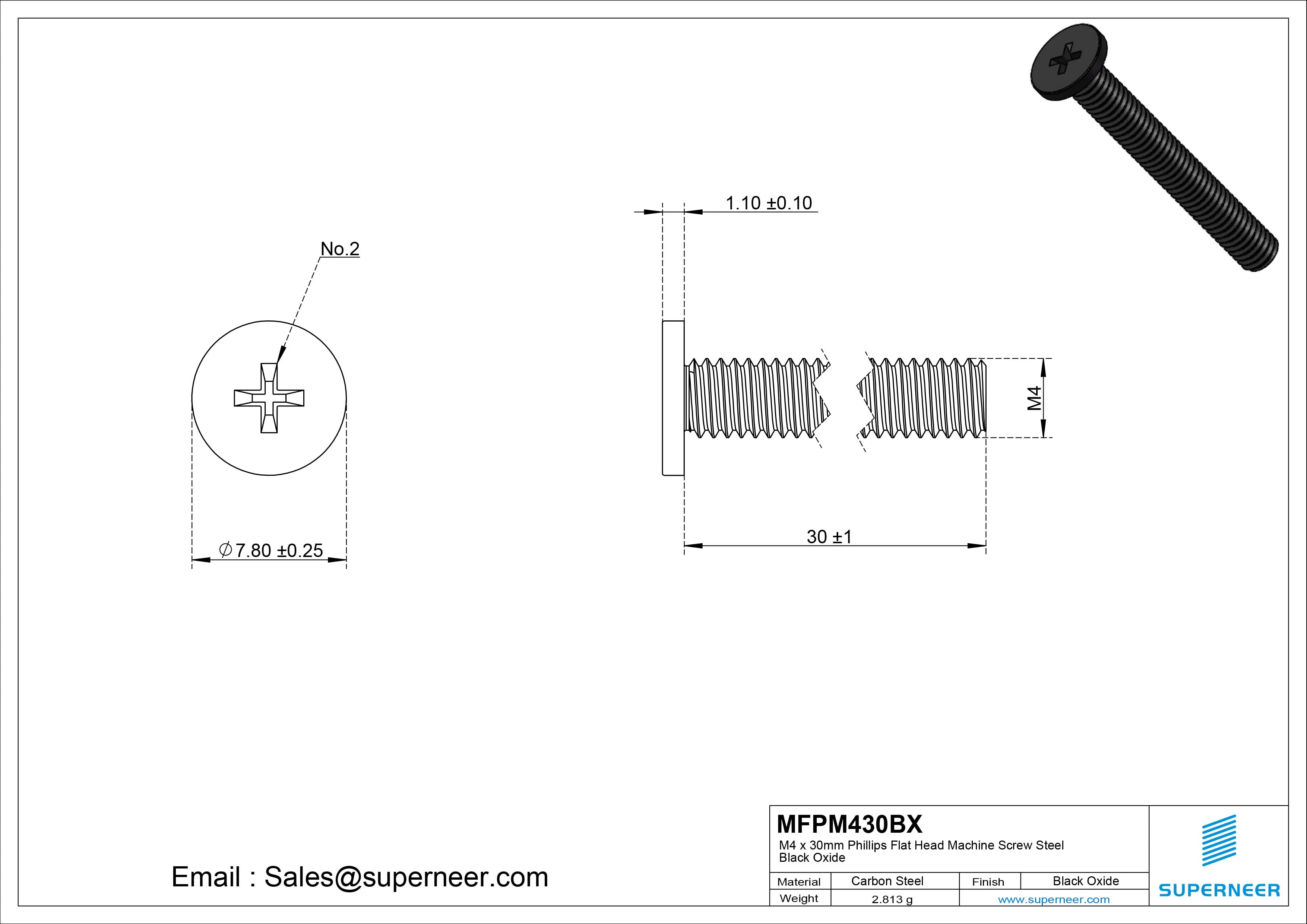 M4 x 30mm Phillips Flat Head Machine Screw Steel Black Oxide
