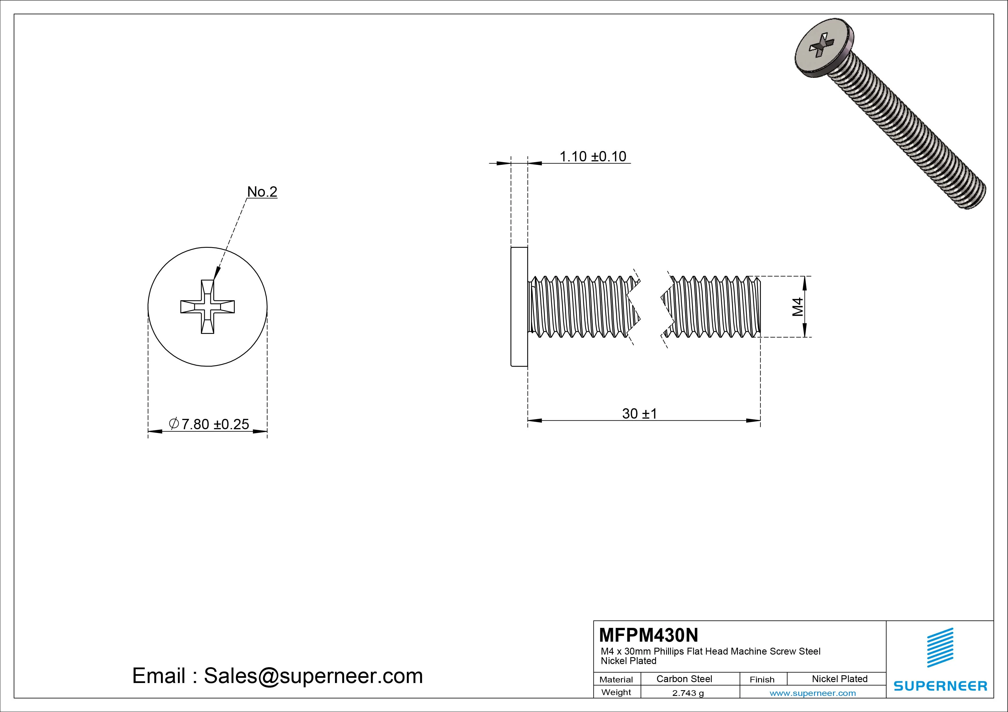 M4 x 30mm Phillips Flat Head Machine Screw Carbon Steel Nickel Plated 