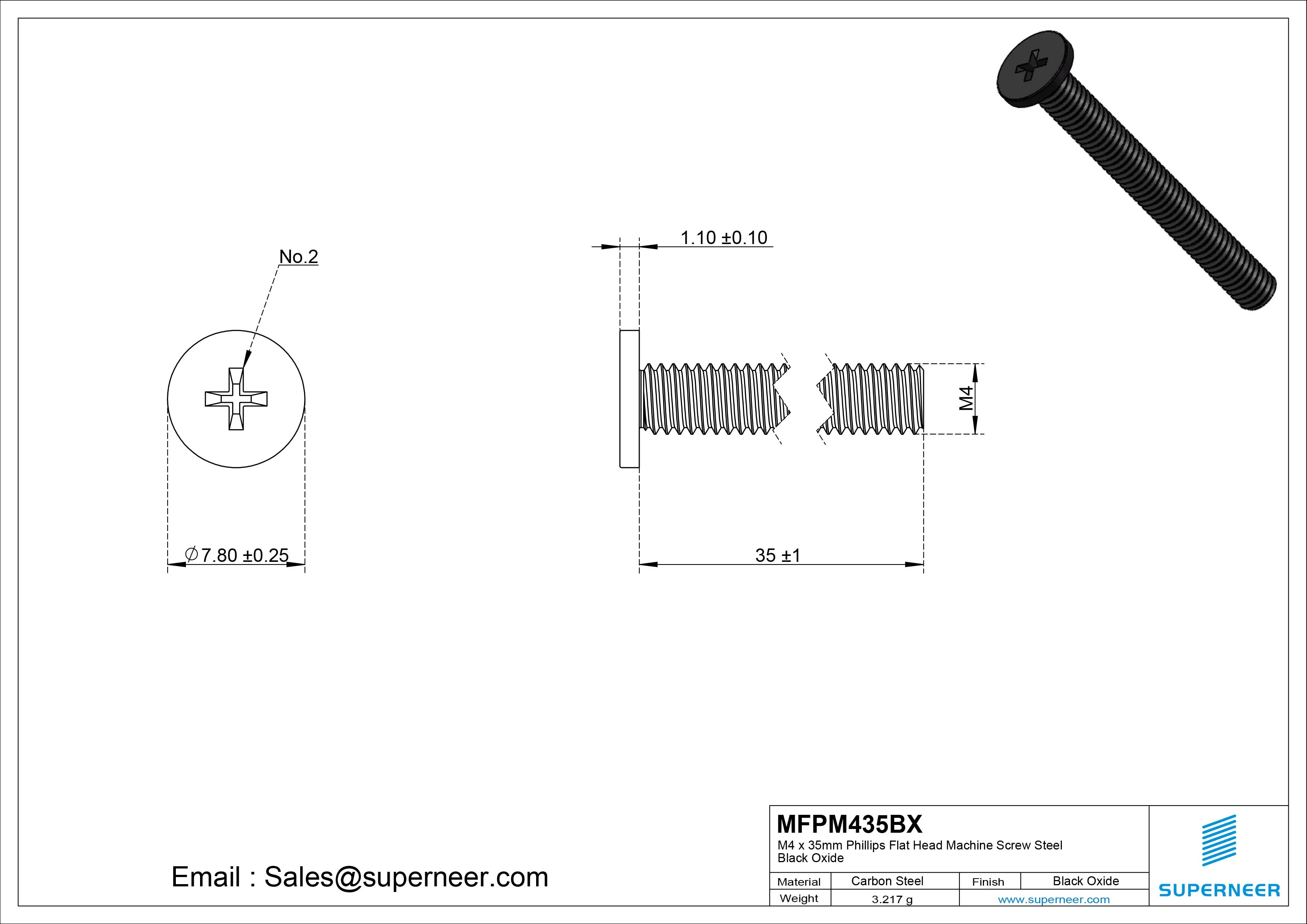 M4 x 35mm Phillips Flat Head Machine Screw Steel Black Oxide