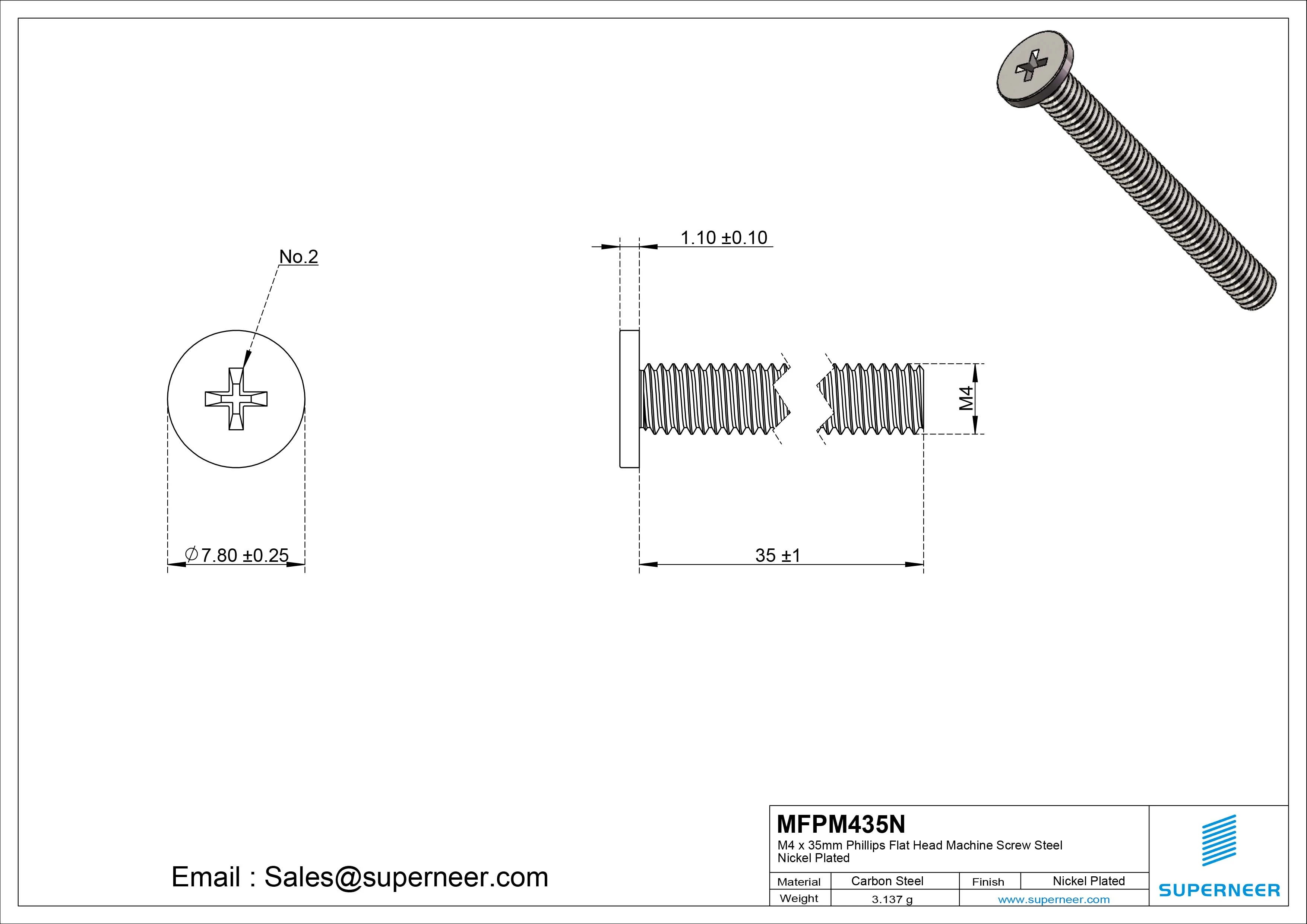 M4 x 35mm Phillips Flat Head Machine Screw Carbon Steel Nickel Plated 