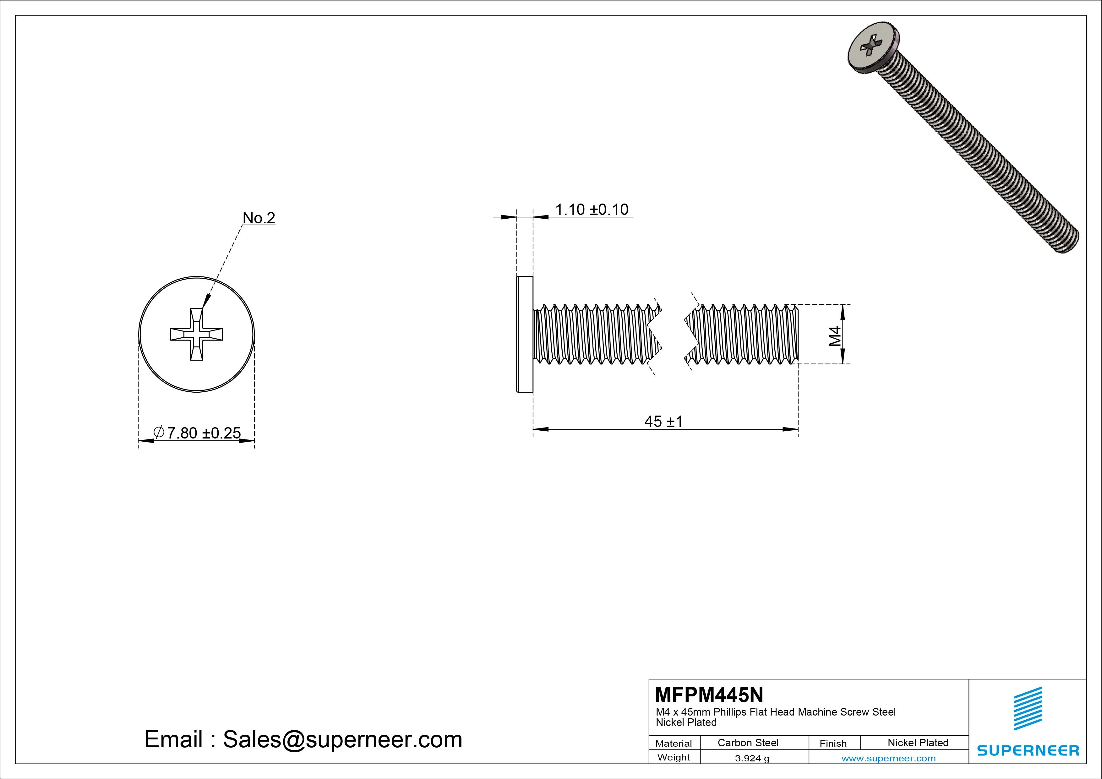 M4 x 45mm Phillips Flat Head Machine Screw Carbon Steel Nickel Plated 