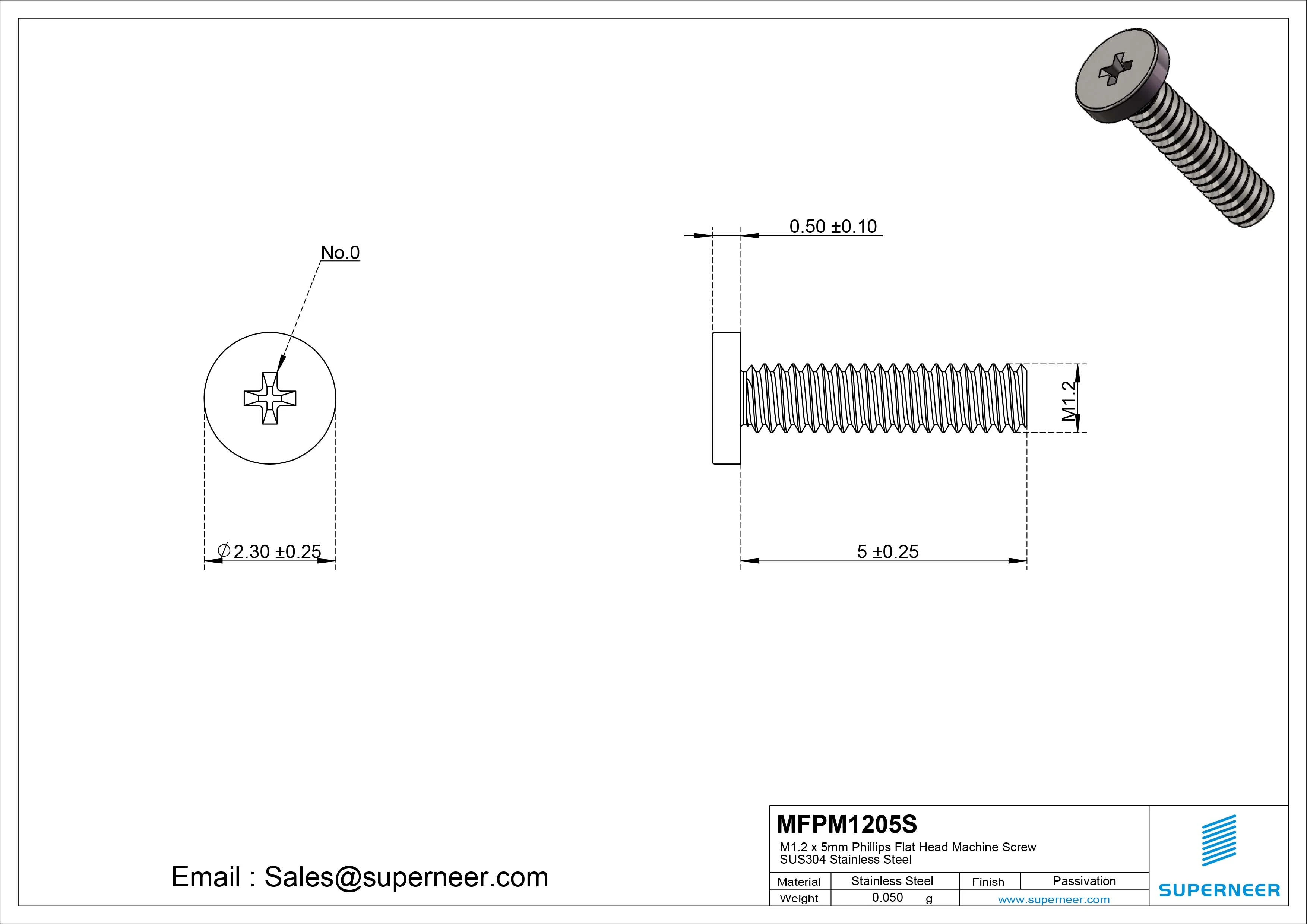 M1.2 x 5mm Phillips Flat Head Machine Screw SUS304 Stainless Steel 