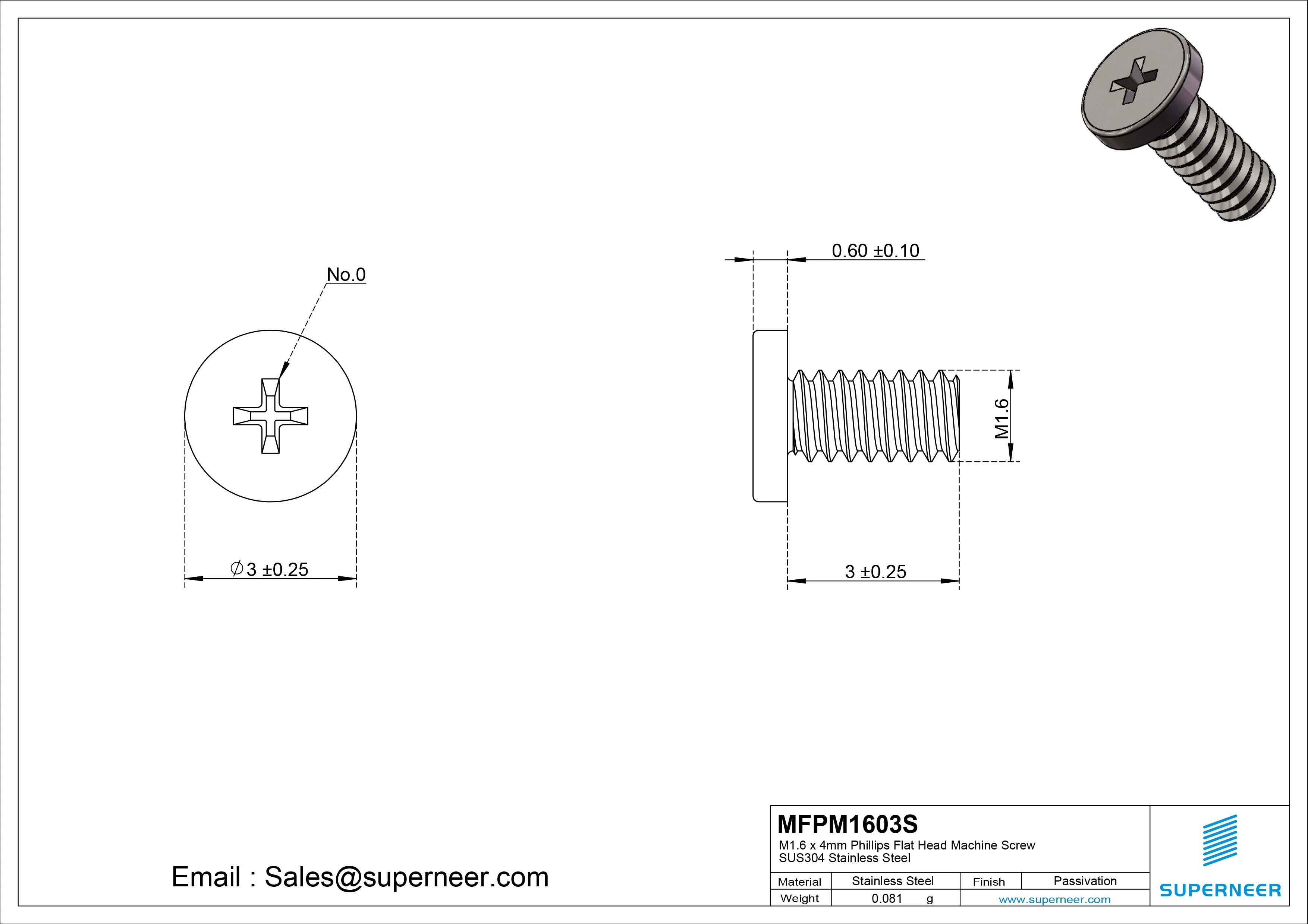 M1.6 x 3mm Phillips Flat Head Machine Screw SUS304 Stainless Steel 