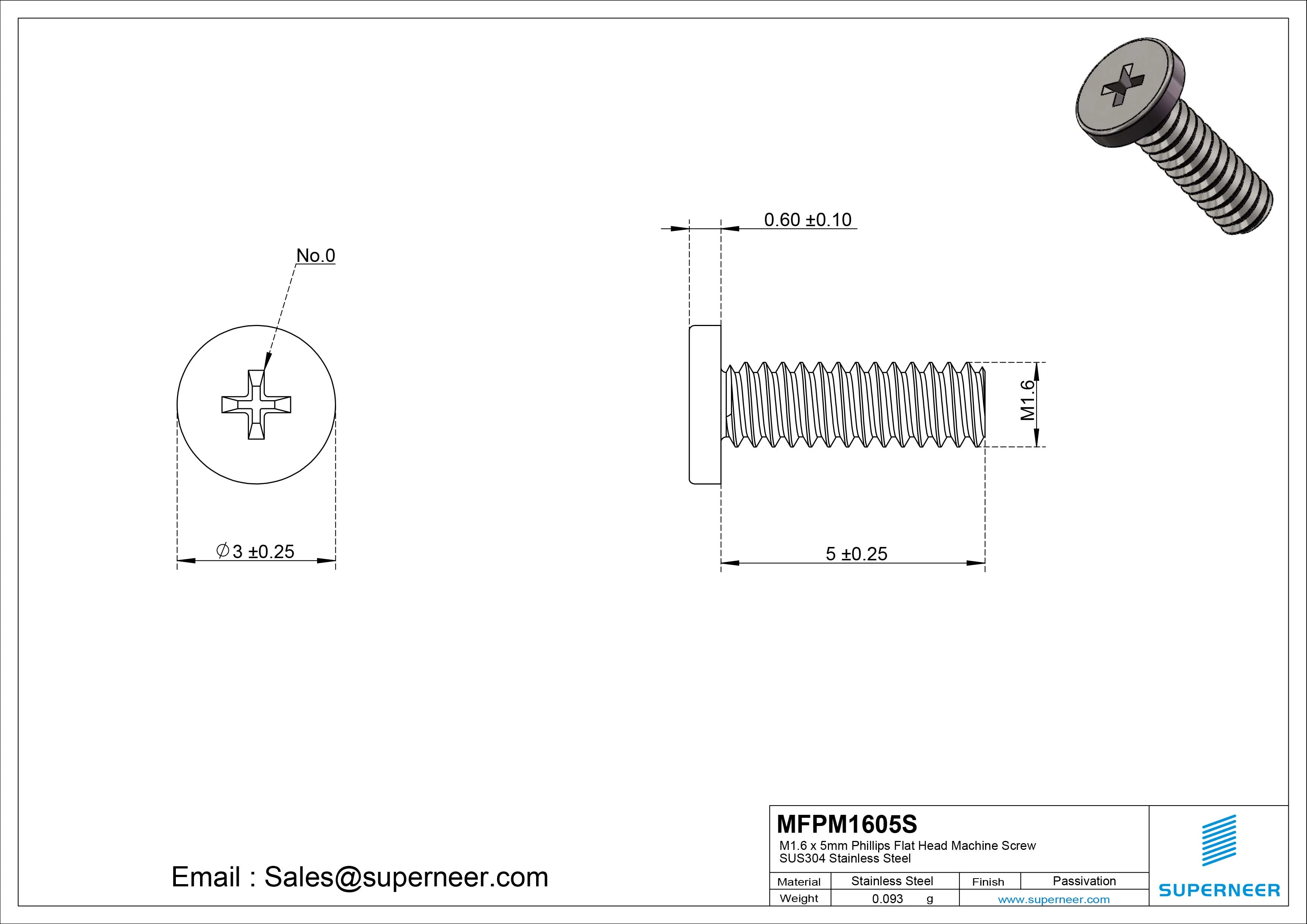 M1.6 x 5mm Phillips Flat Head Machine Screw SUS304 Stainless Steel 