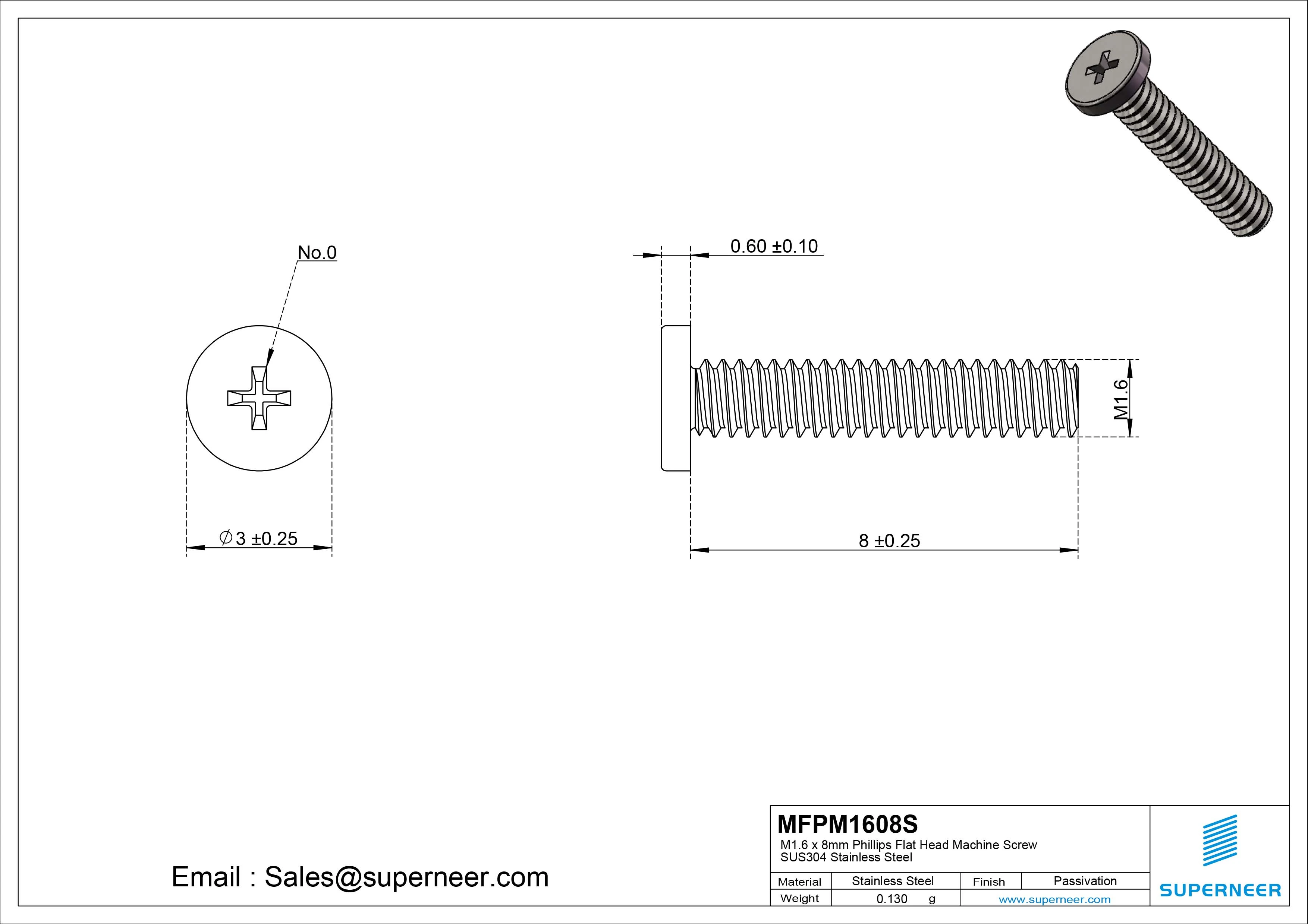 M1.6 x 8mm Phillips Flat Head Machine Screw SUS304 Stainless Steel 