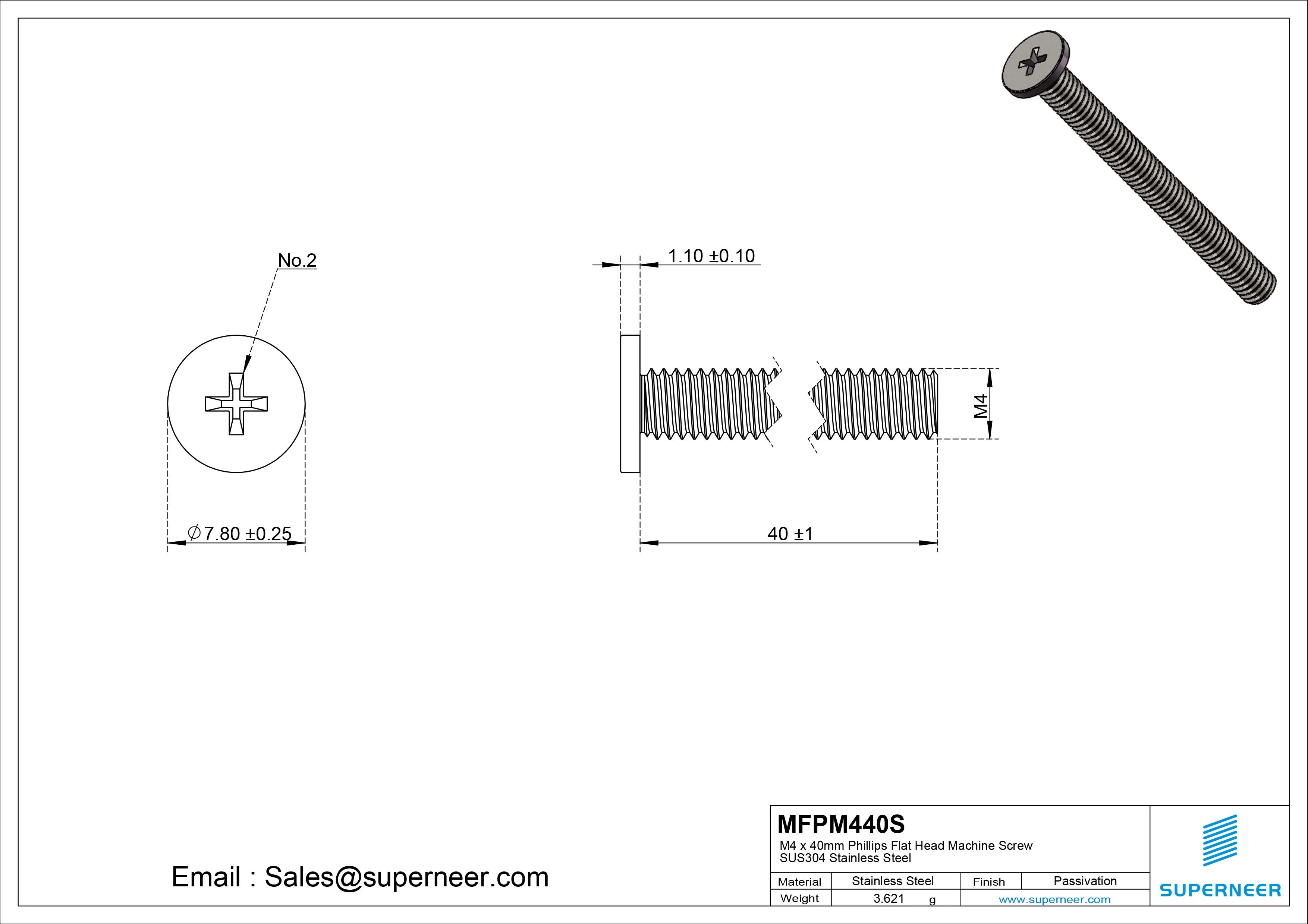 M4 x 40mm Phillips Flat Head Machine Screw SUS304 Stainless Steel 