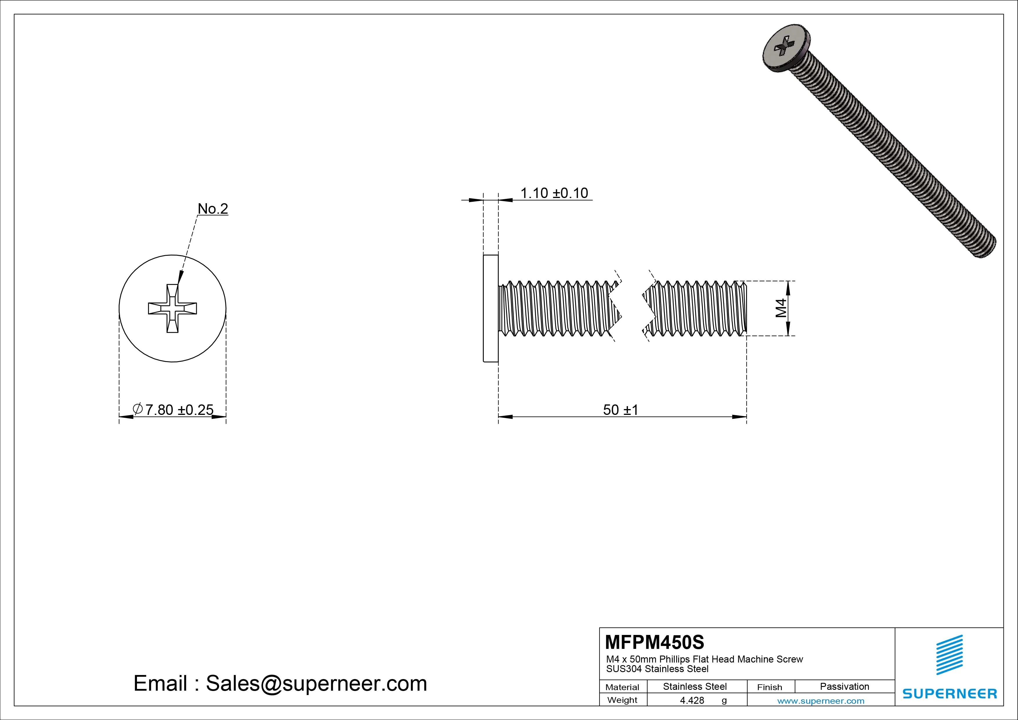 M4 x 50mm Phillips Flat Head Machine Screw SUS304 Stainless Steel 