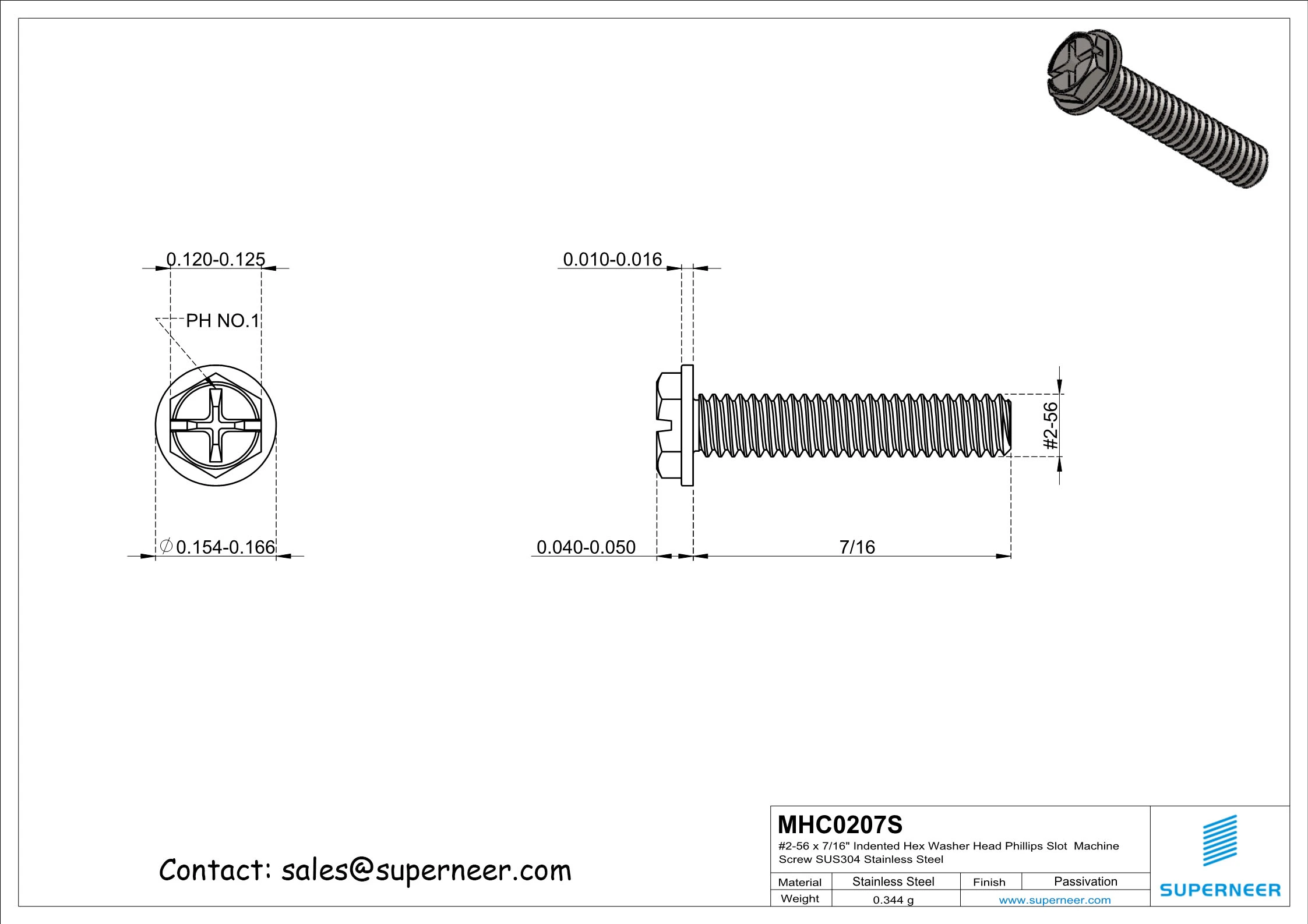 2-56 x 7/16&ldquo; Indented Hex Washer Head Phillips Slot Machine Screw SUS304 Stainless Steel Inox