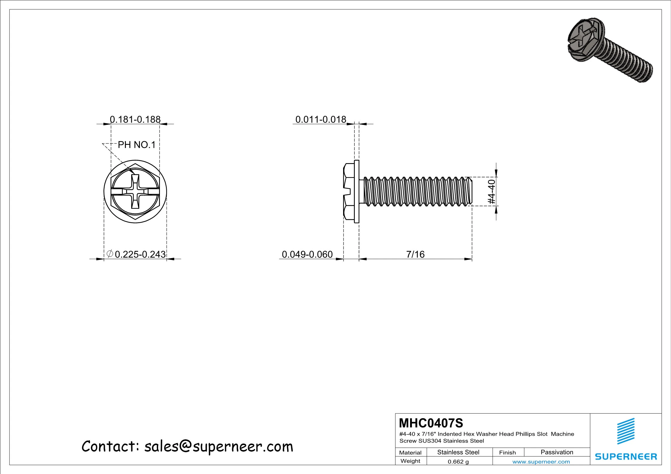 4-40 x 7/16&ldquo; Indented Hex Washer Head Phillips Slot Machine Screw SUS304 Stainless Steel Inox