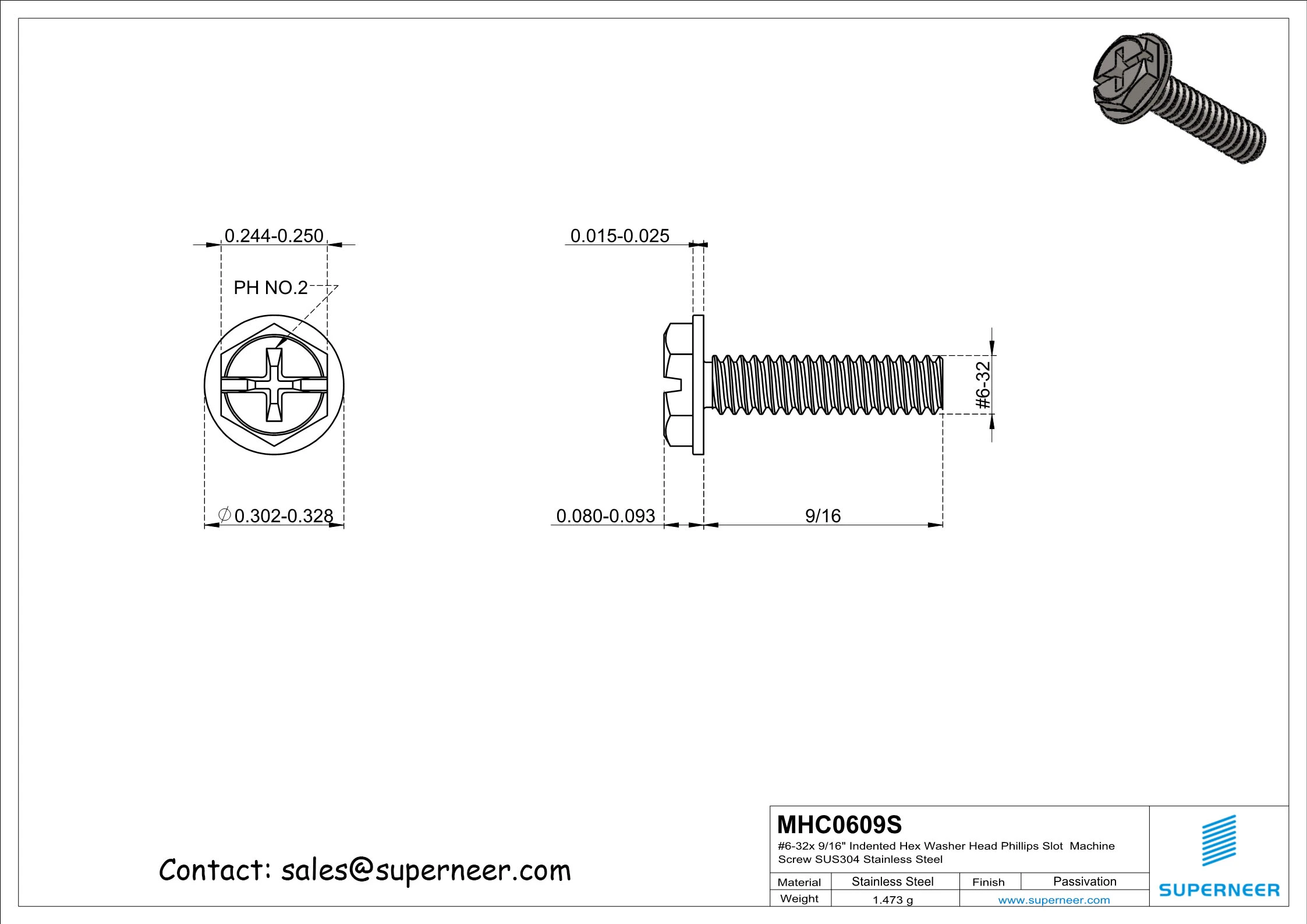 6-32 x 9/16&ldquo; Indented Hex Washer Head Phillips Slot Machine Screw SUS304 Stainless Steel Inox