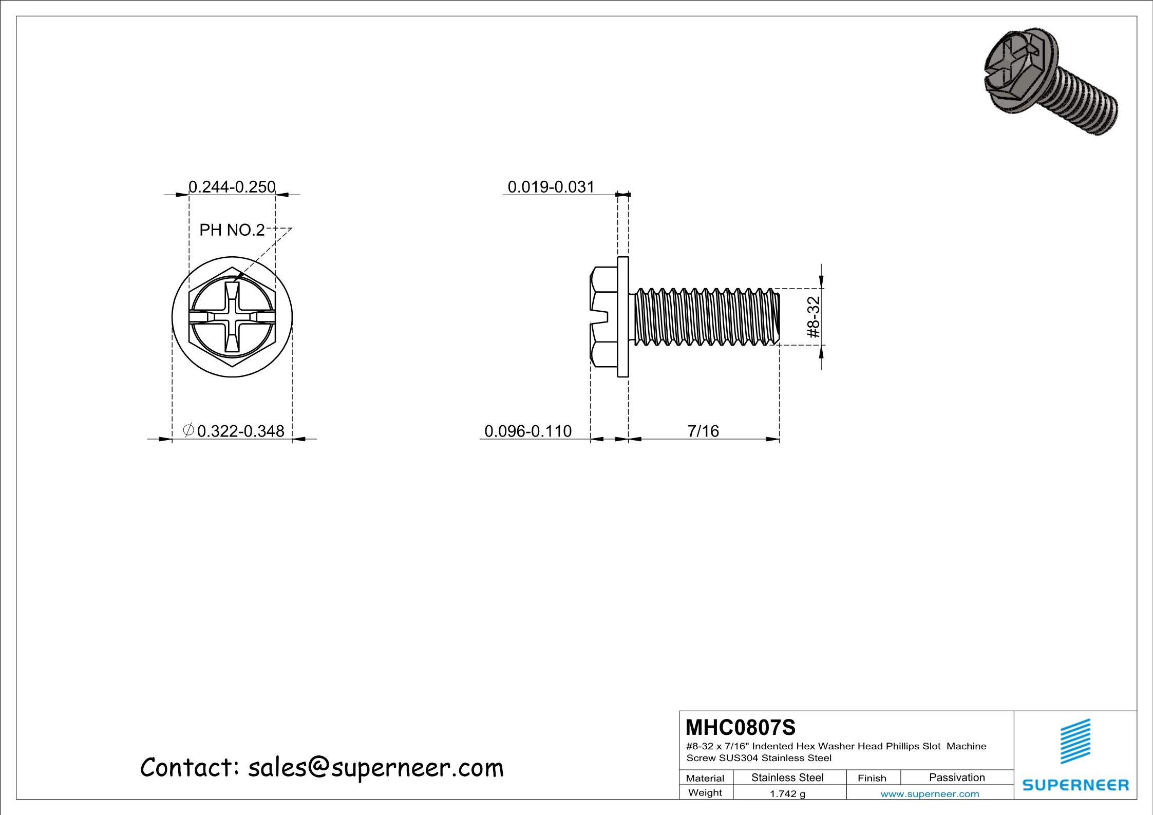 8-32 x 7/16&ldquo; Indented Hex Washer Head Phillips Slot Machine Screw SUS304 Stainless Steel Inox