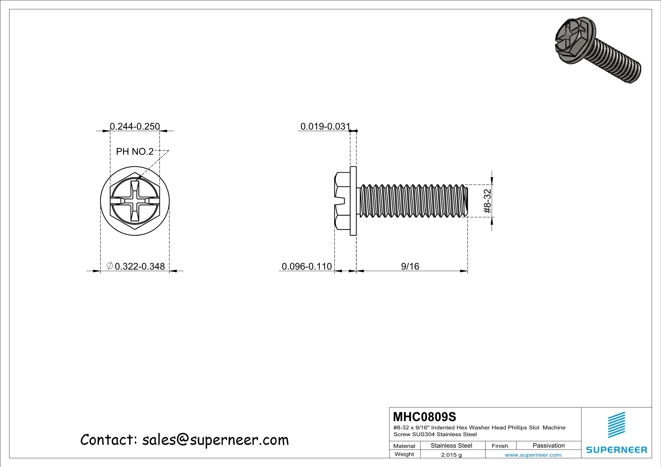 8-32 x 9/16&ldquo; Indented Hex Washer Head Phillips Slot Machine Screw SUS304 Stainless Steel Inox