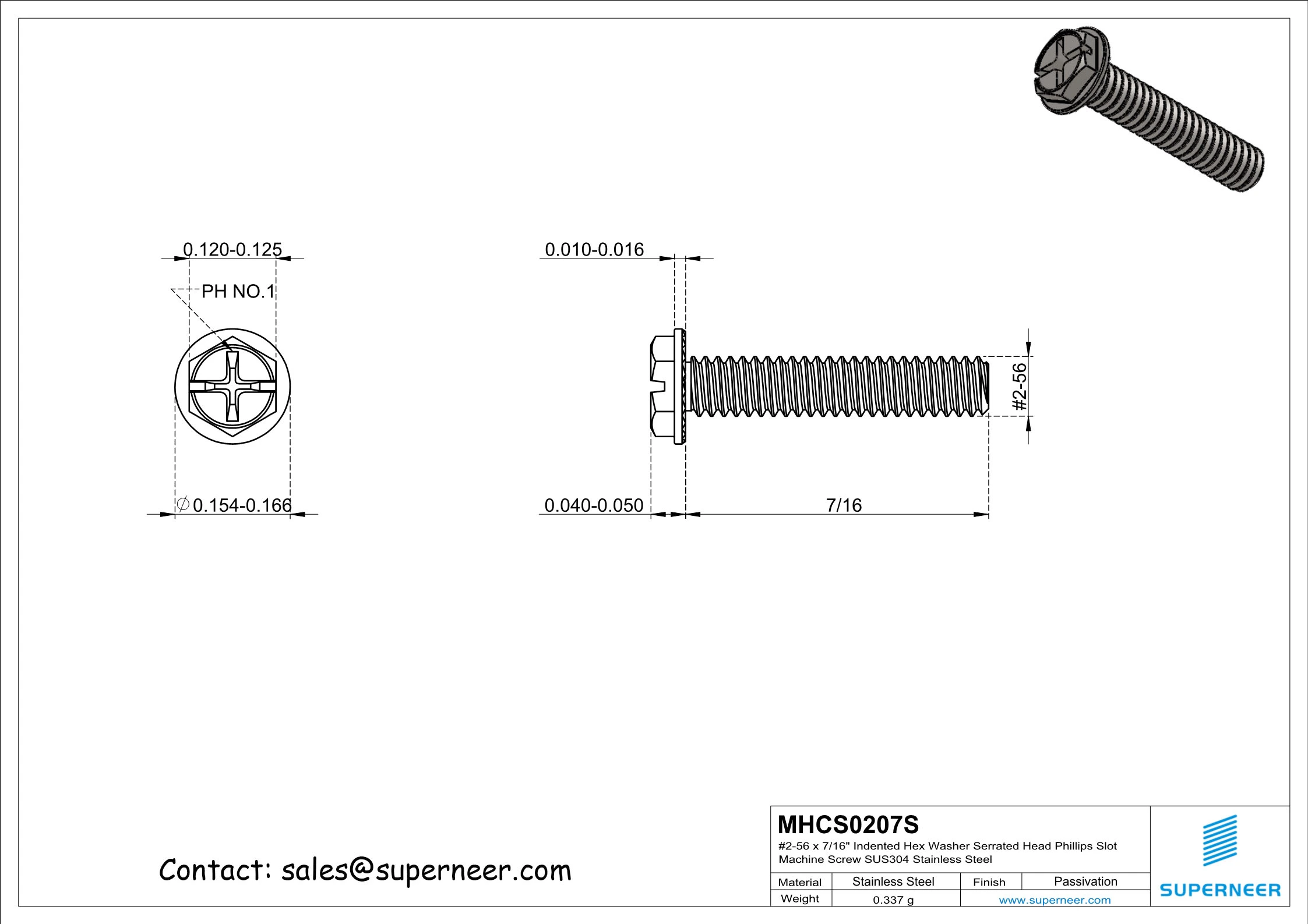 2-56 x 7/16&ldquo; Indented Hex Washer Serrated Head Phillips Slot Machine Screw SUS304 Stainless Steel Inox