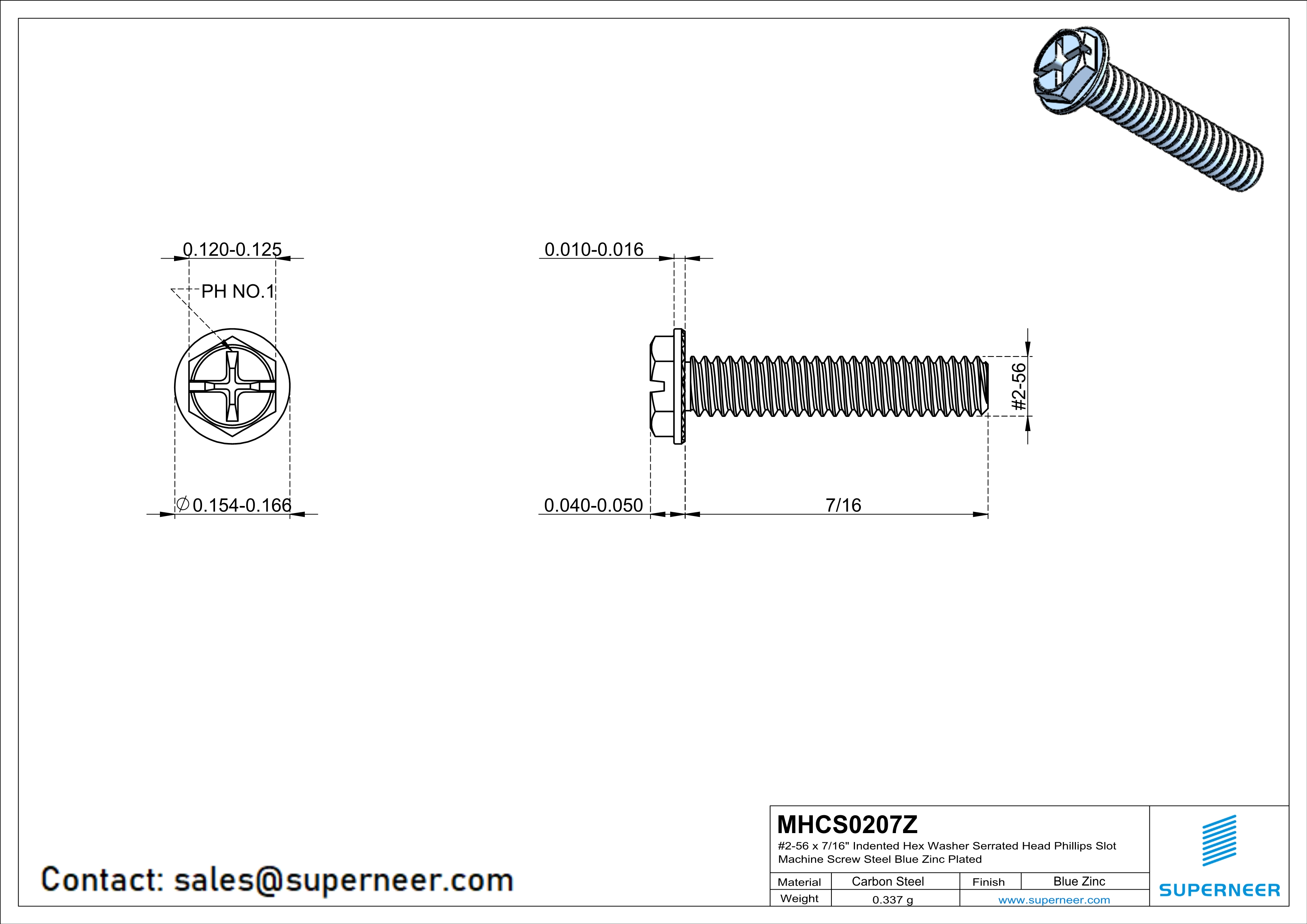2-56 x 7/16&ldquo; Indented Hex Washer Serrated Head Phillips Slot Machine Screw Steel Blue Zinc Plated