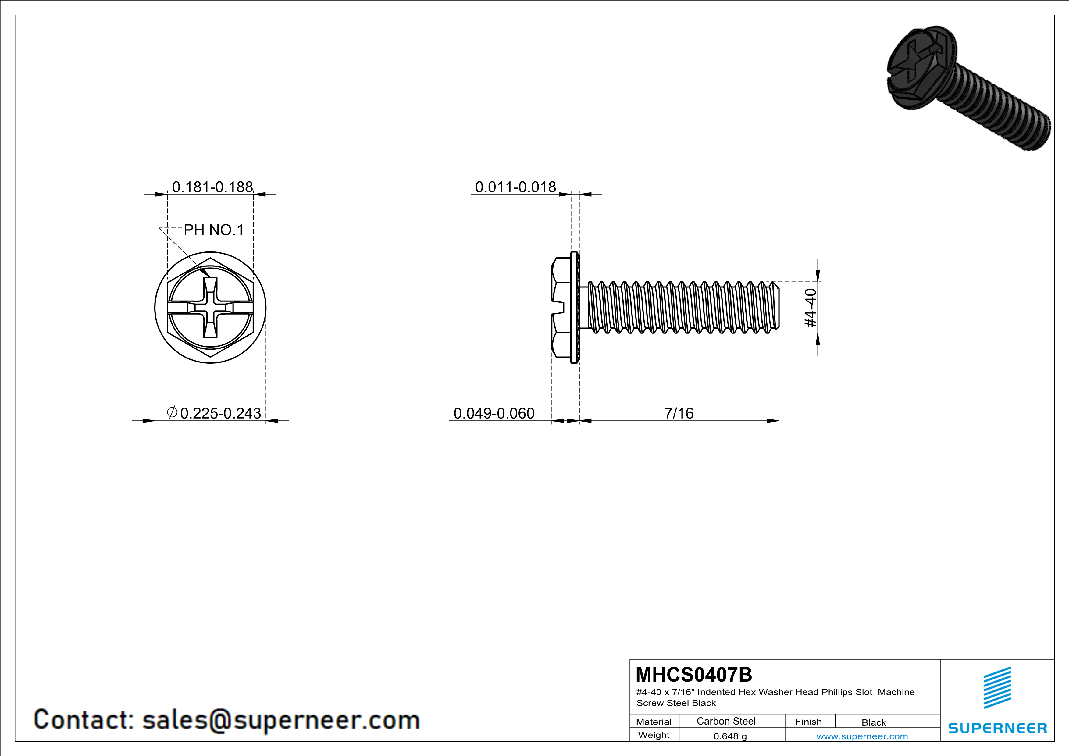 4-40 x 7/16&ldquo; Indented Hex Washer Serrated Head Phillips Slot Machine Screw Steel Black