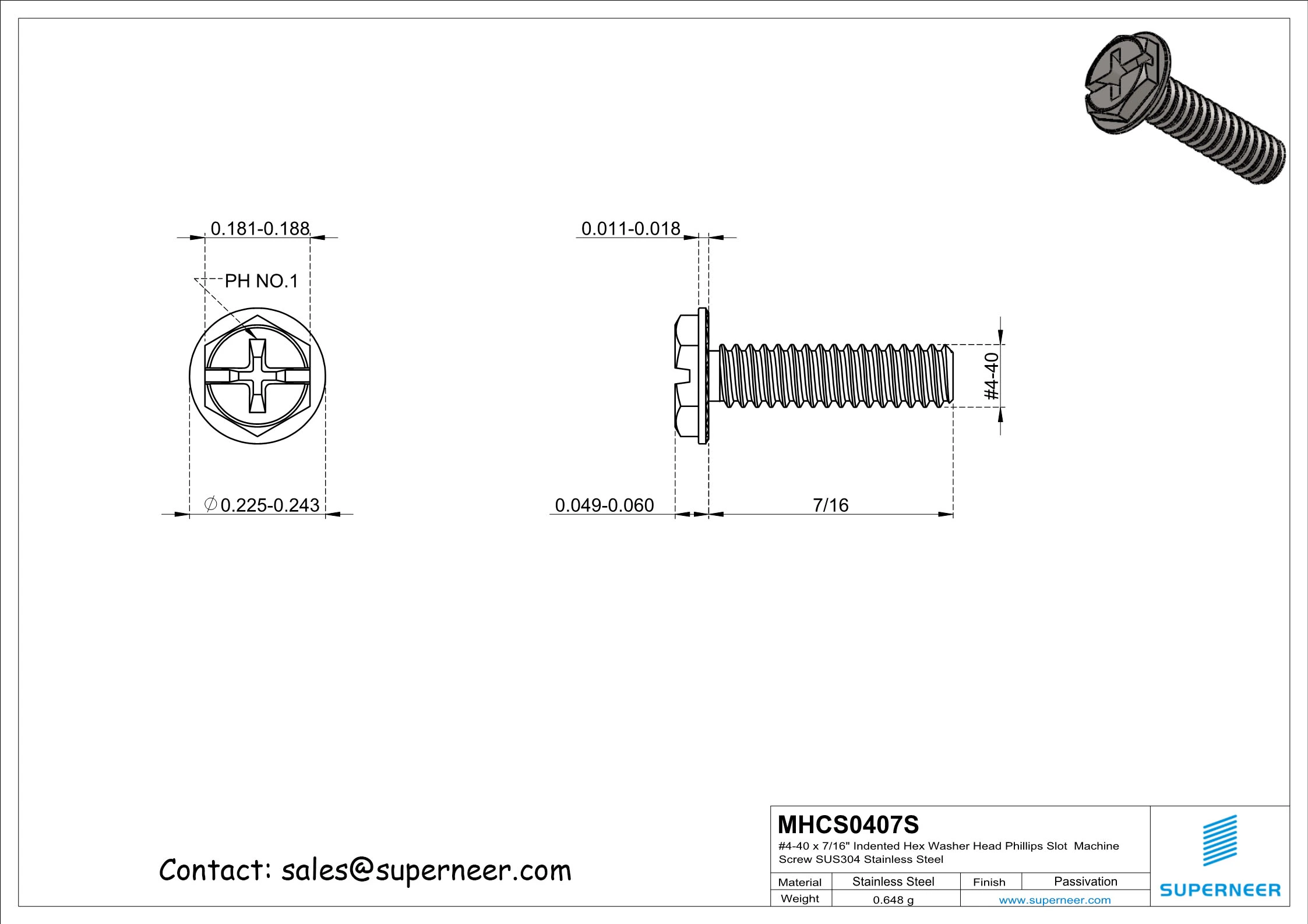 4-40 x 7/16&ldquo; Indented Hex Washer Serrated Head Phillips Slot Machine Screw SUS304 Stainless Steel Inox