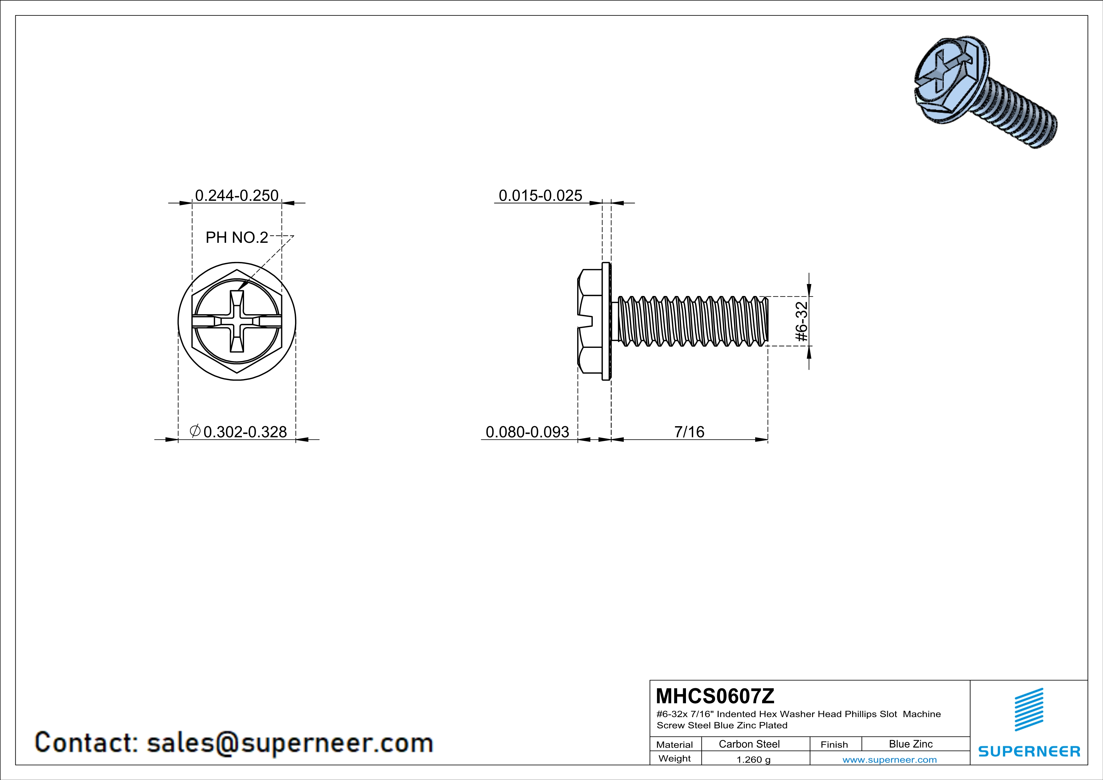 6-32 x 7/16&ldquo; Indented Hex Washer Serrated Head Phillips Slot Machine Screw Steel Blue Zinc Plated