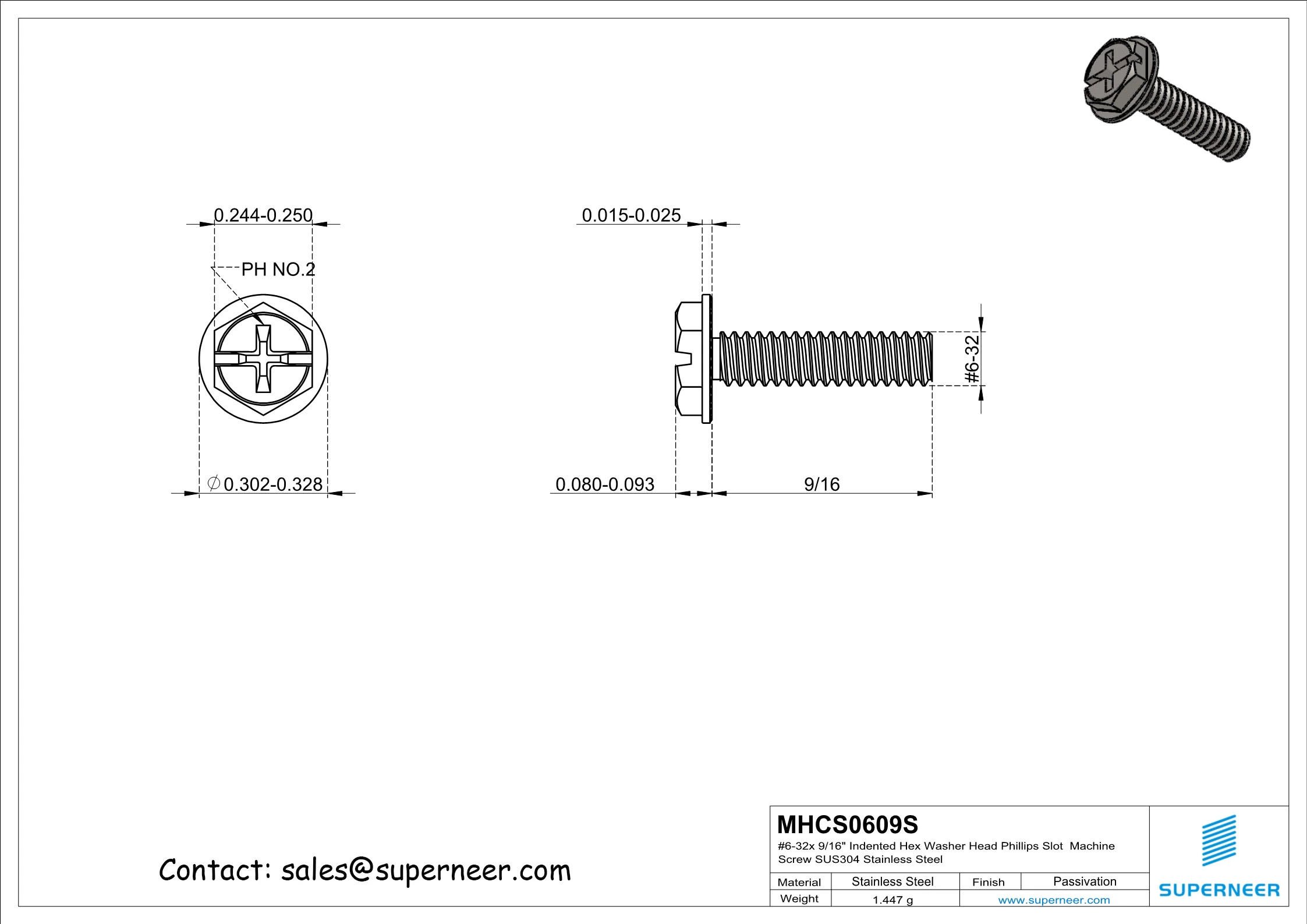 6-32 x 9/16&ldquo; Indented Hex Washer Serrated Head Phillips Slot Machine Screw SUS304 Stainless Steel Inox