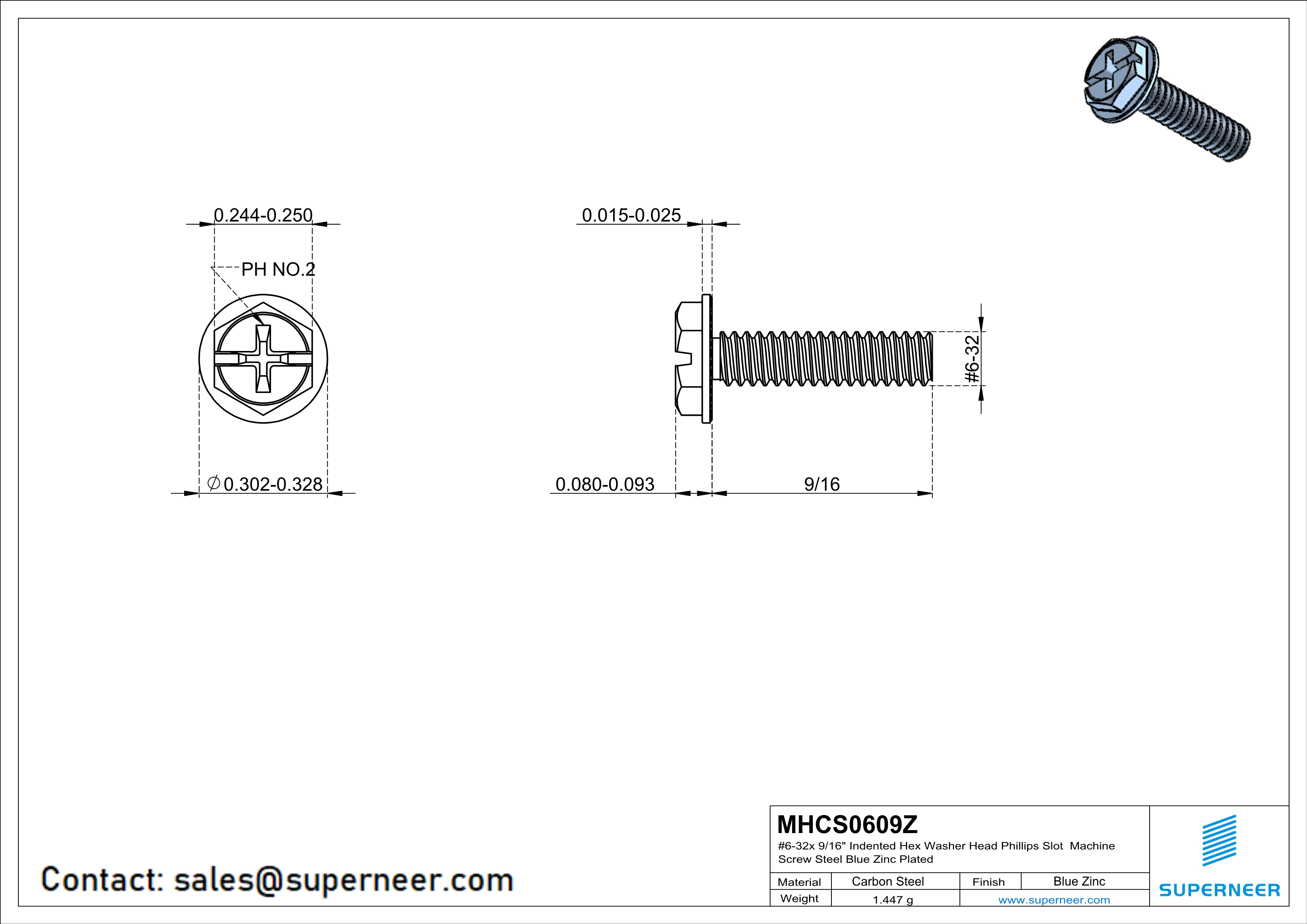 6-32 x 9/16&ldquo; Indented Hex Washer Serrated Head Phillips Slot Machine Screw Steel Blue Zinc Plated