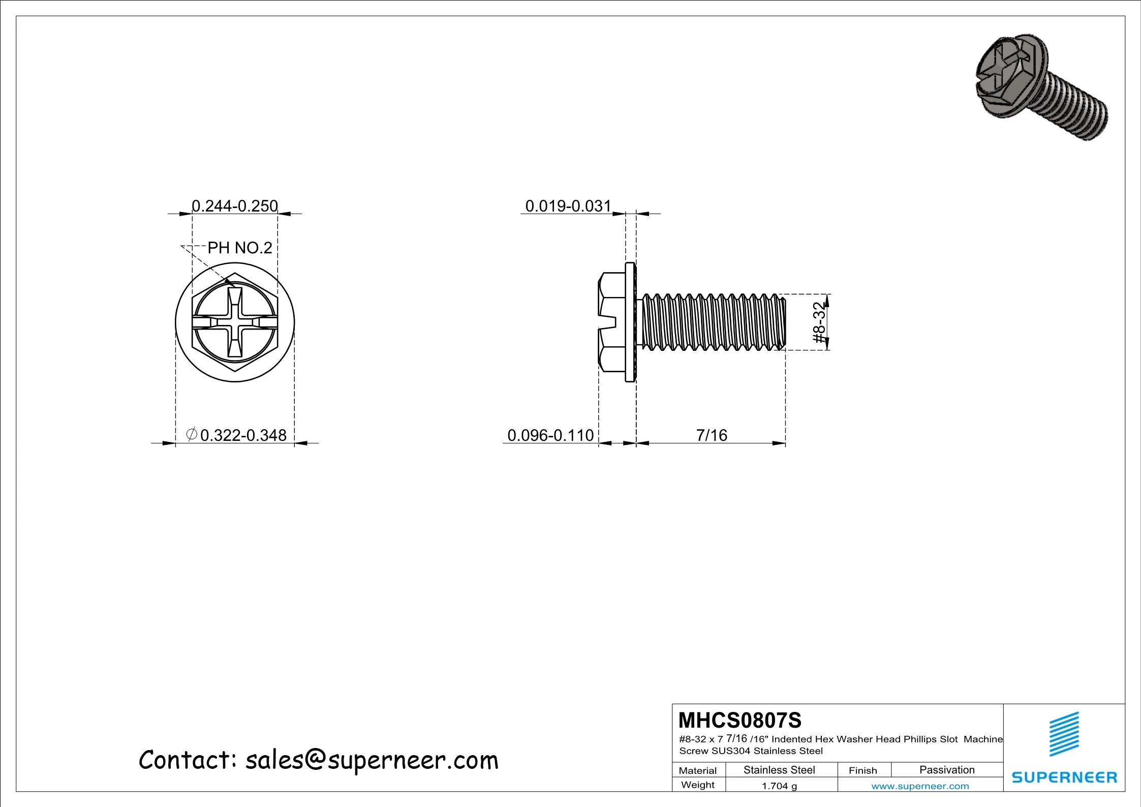 8-32 x 7/16&ldquo; Indented Hex Washer Serrated Head Phillips Slot Machine Screw SUS304 Stainless Steel Inox