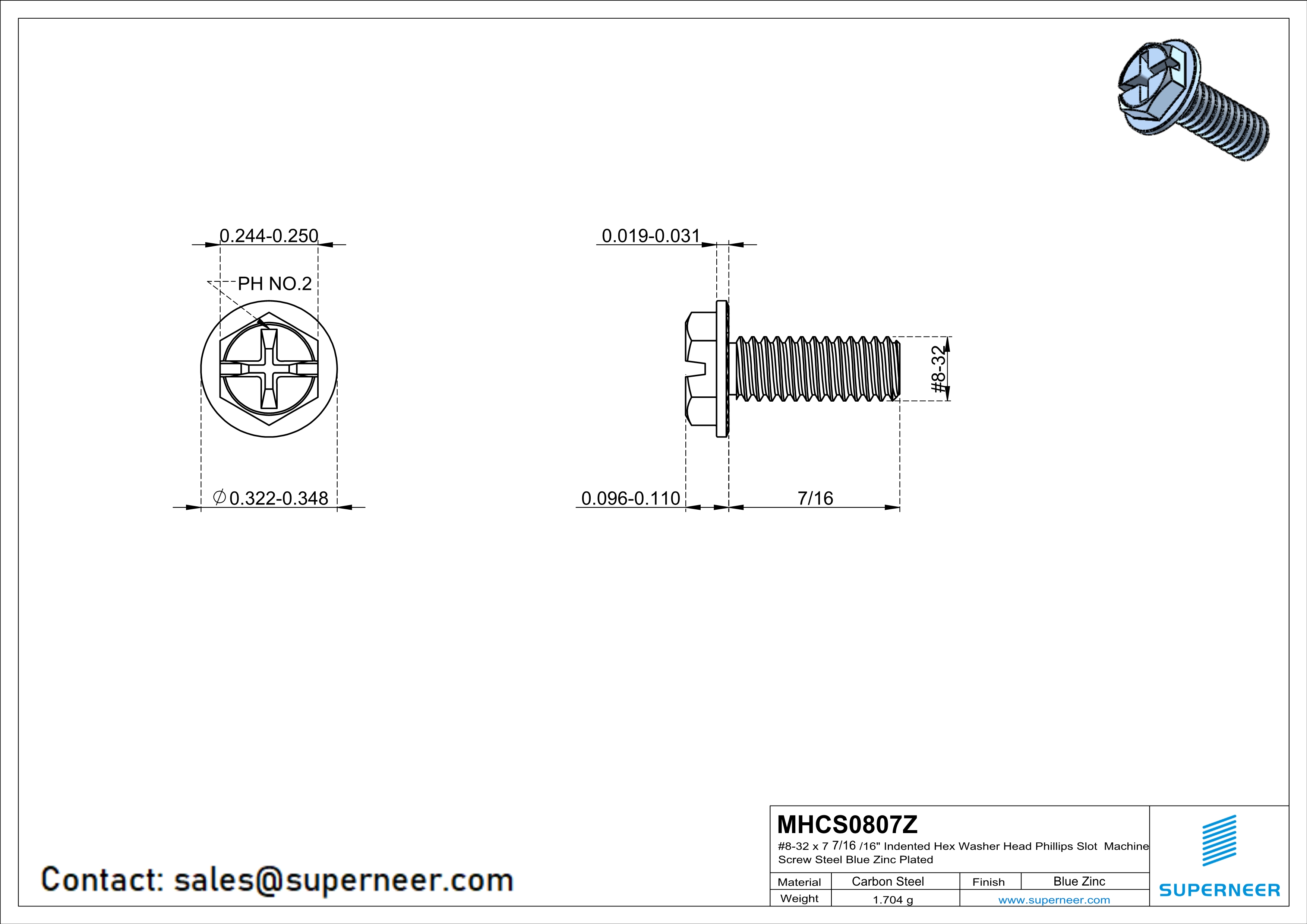8-32 x 7/16&ldquo; Indented Hex Washer Serrated Head Phillips Slot Machine Screw Steel Blue Zinc Plated