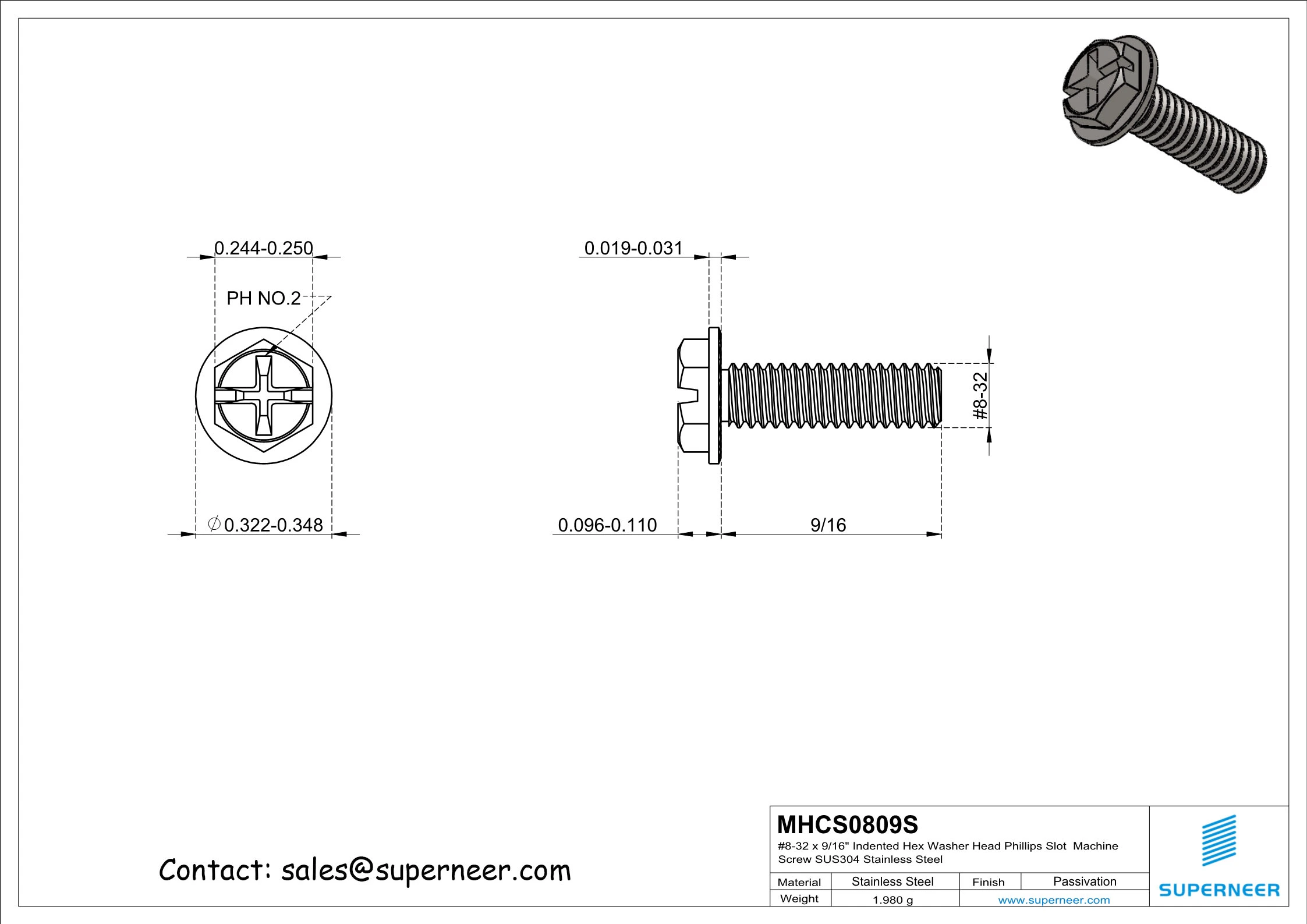 8-32 x 9/16&ldquo; Indented Hex Washer Serrated Head Phillips Slot Machine Screw SUS304 Stainless Steel Inox
