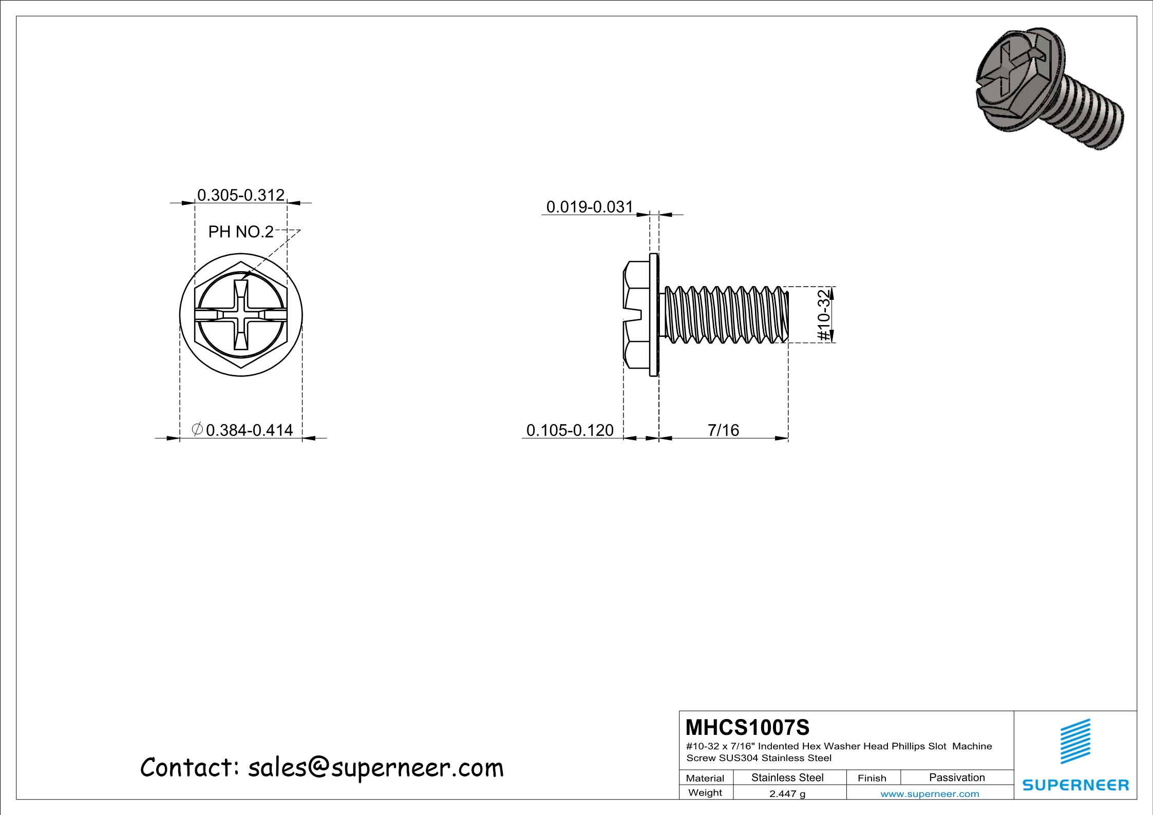 10-32 x 7/16&ldquo; Indented Hex Washer Serrated Head Phillips Slot Machine Screw SUS304 Stainless Steel Inox