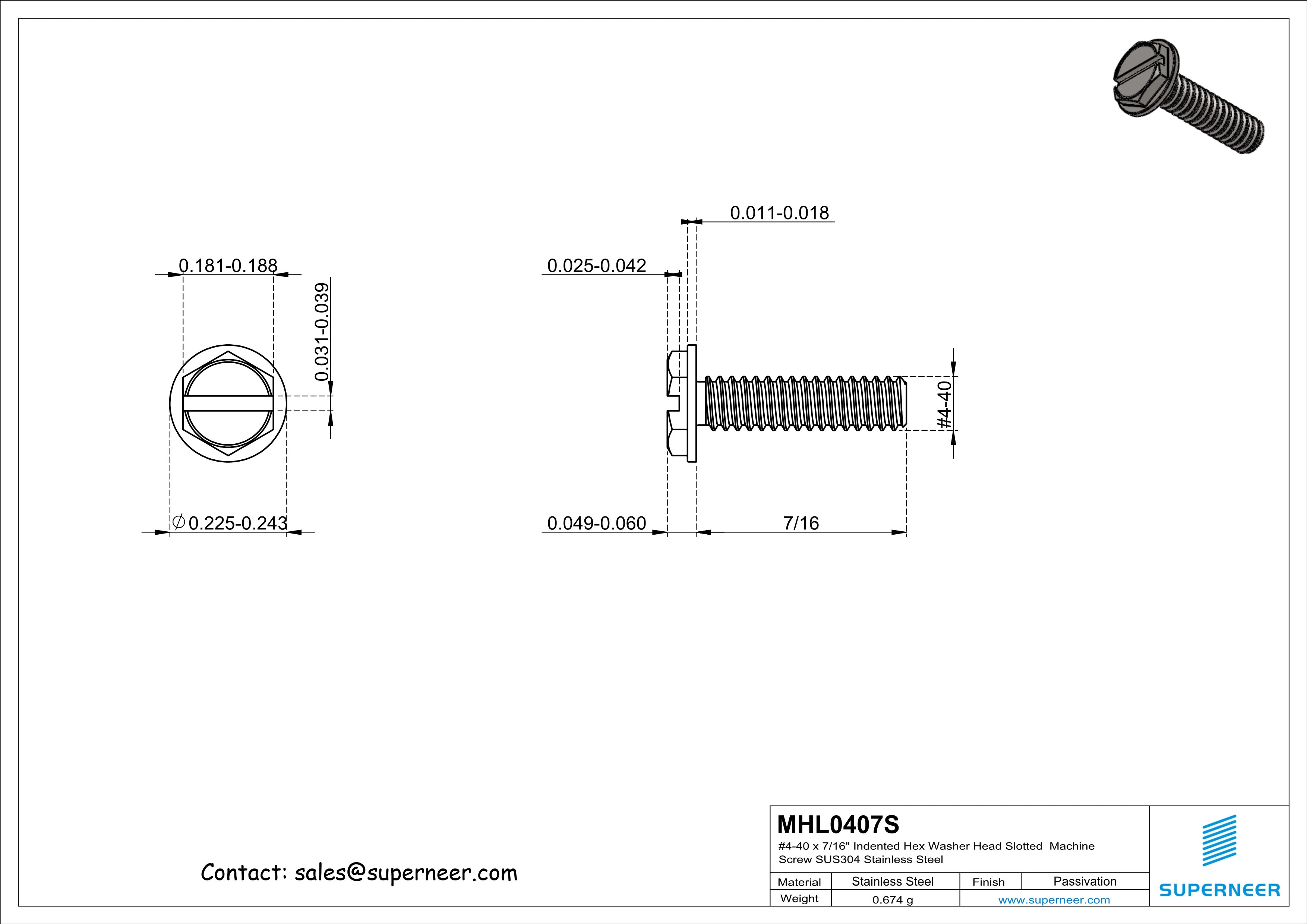 4-40 x 7/16&ldquo; Indented Hex Washer Head Slotted Machine Screw SUS304 Stainless Steel Inox