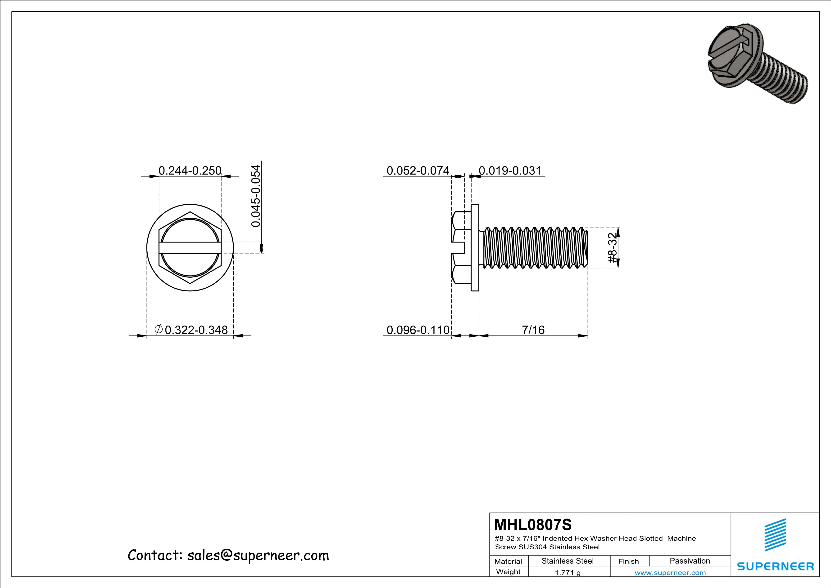 8-32 x 7/16&ldquo; Indented Hex Washer Head Slotted Machine Screw SUS304 Stainless Steel Inox