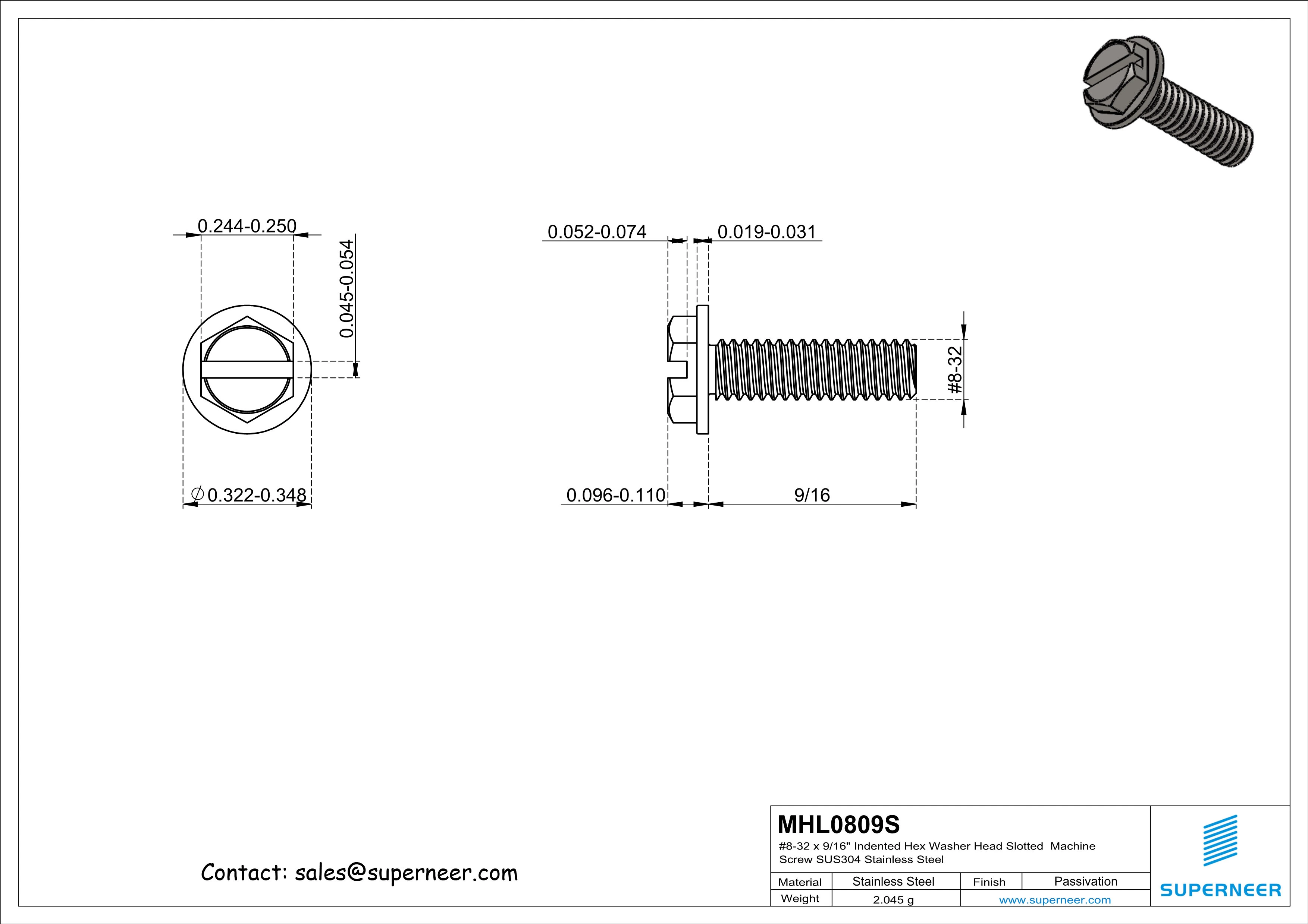 8-32 x 9/16&ldquo; Indented Hex Washer Head Slotted Machine Screw SUS304 Stainless Steel Inox