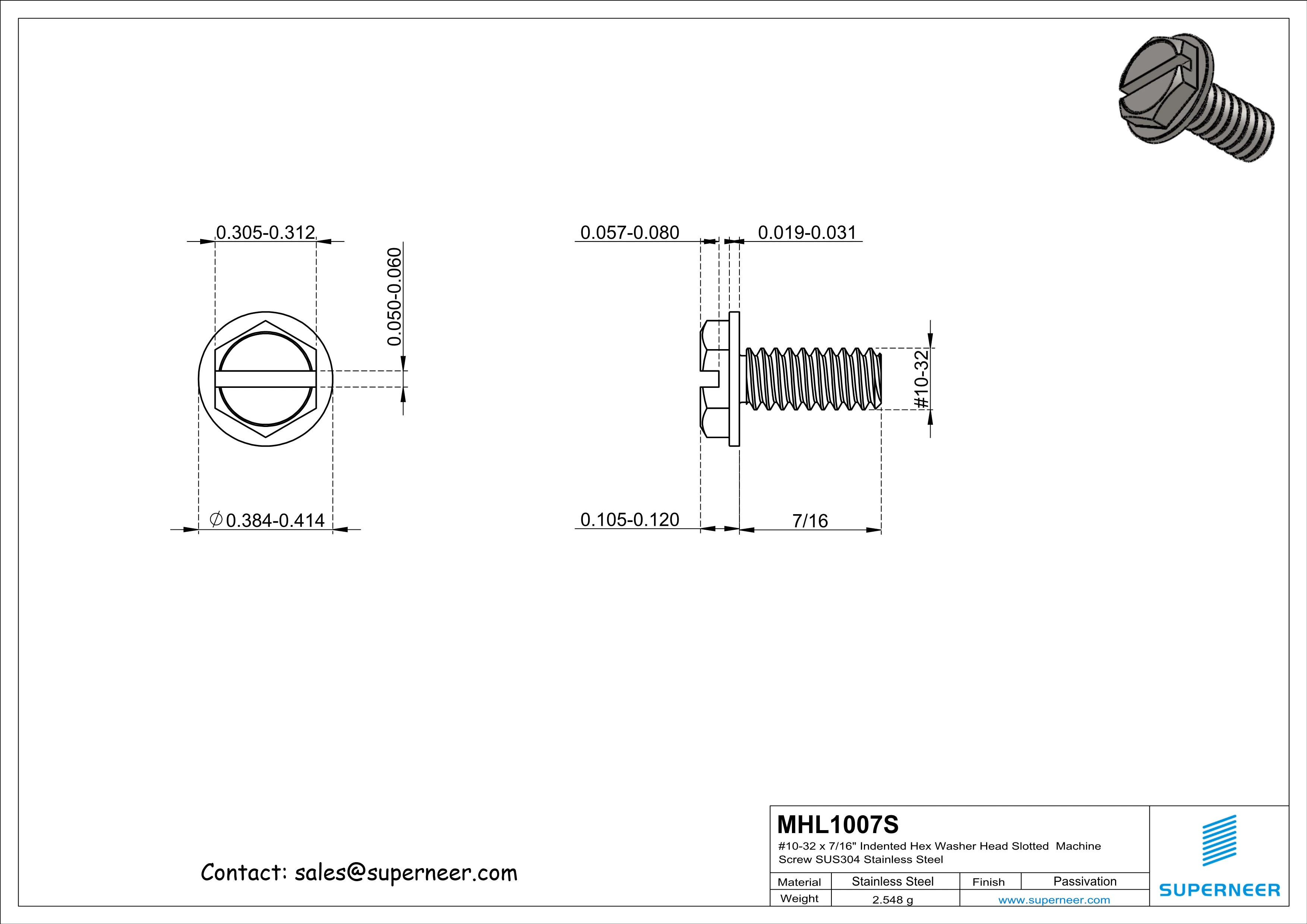 10-32 x 7/16&ldquo; Indented Hex Washer Head Slotted Machine Screw SUS304 Stainless Steel Inox