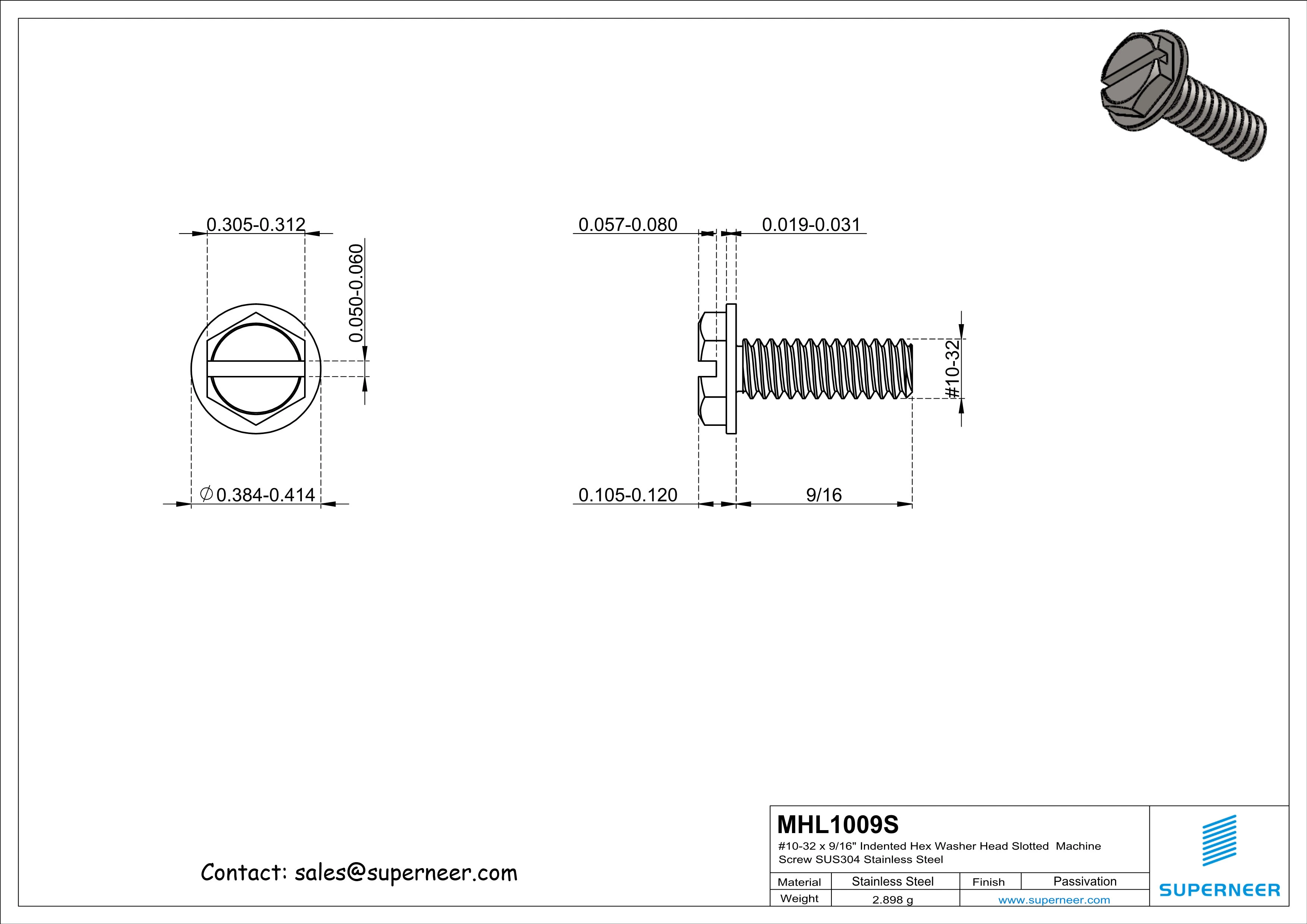 10-32 x 9/16&ldquo; Indented Hex Washer Head Slotted Machine Screw SUS304 Stainless Steel Inox