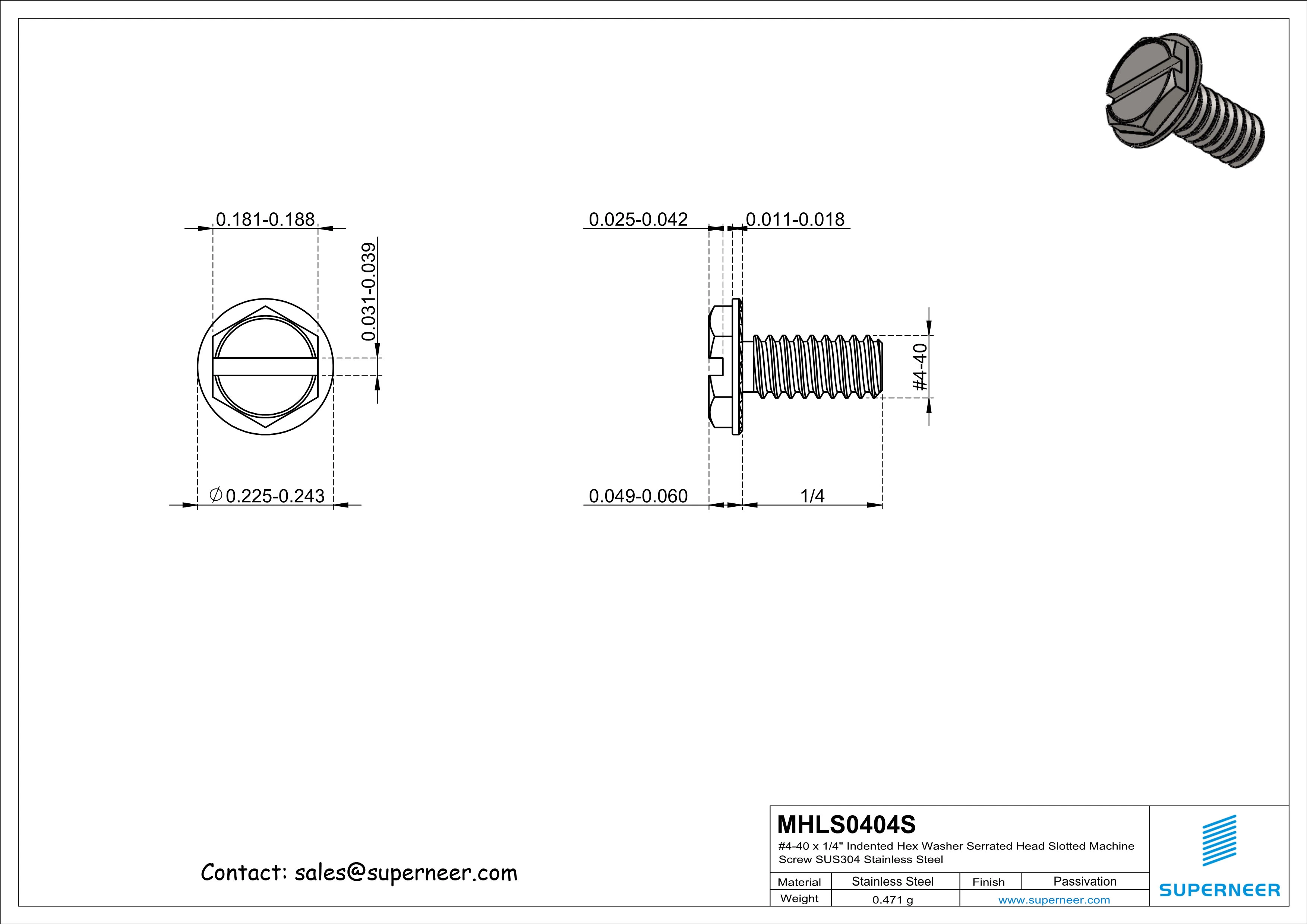 4-40 x 1/4" Indented Hex Washer Serrated Head Slotted Machine Screw SUS304 Stainless Steel Inox