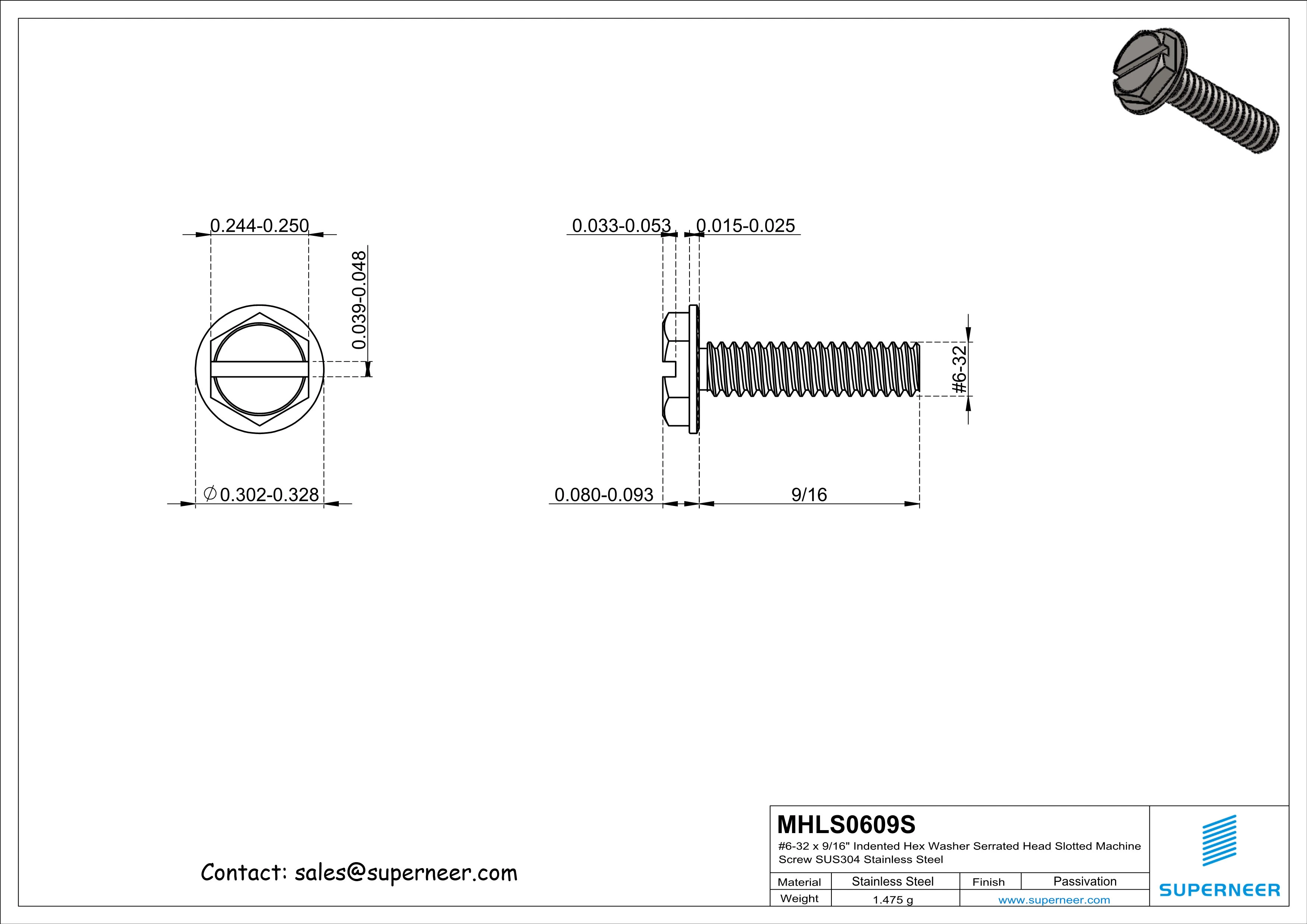 6-32 x 9/16&ldquo; Indented Hex Washer Serrated Head Slotted Machine Screw SUS304 Stainless Steel Inox