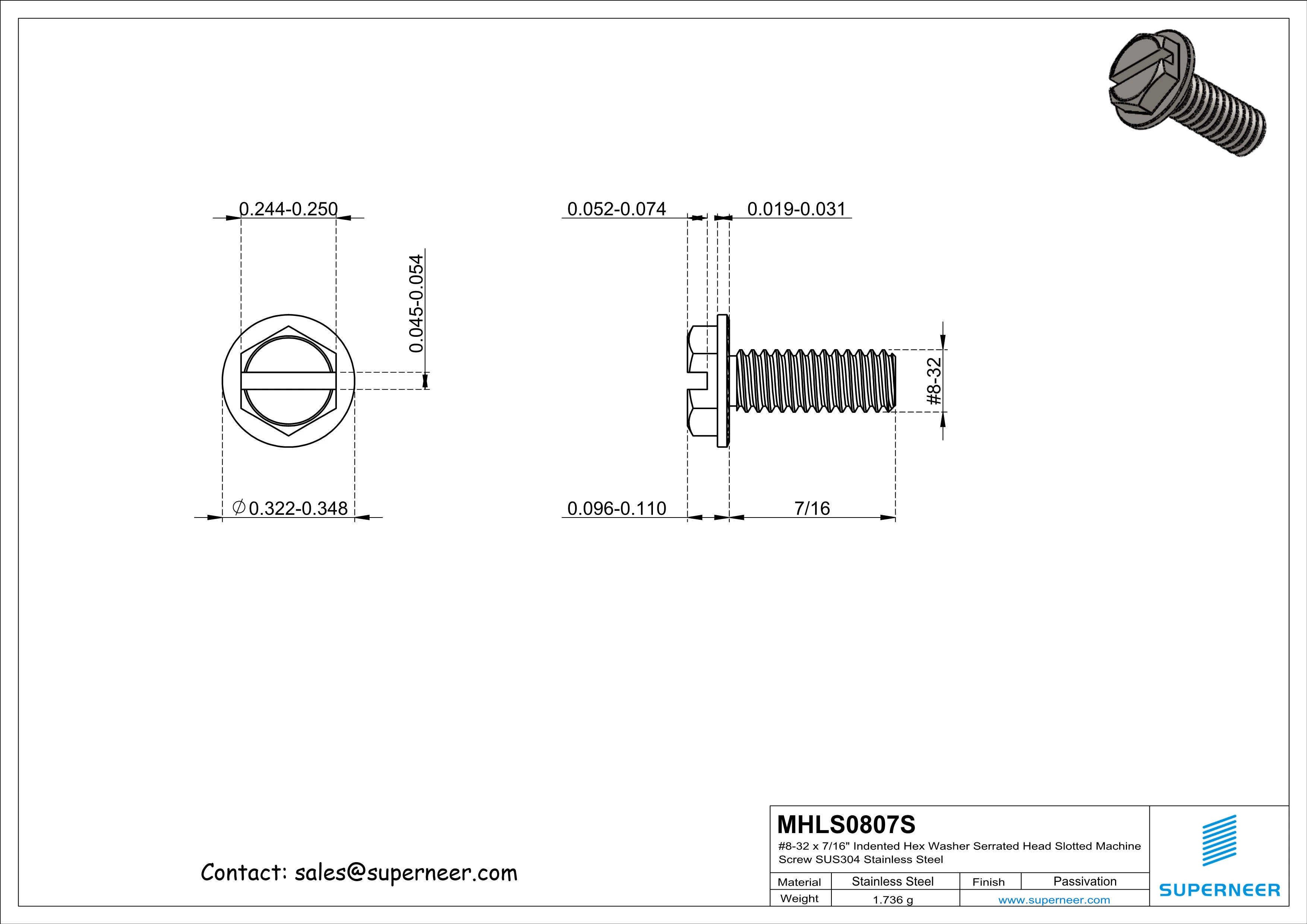 8-32 x 7/16&ldquo; Indented Hex Washer Serrated Head Slotted Machine Screw SUS304 Stainless Steel Inox