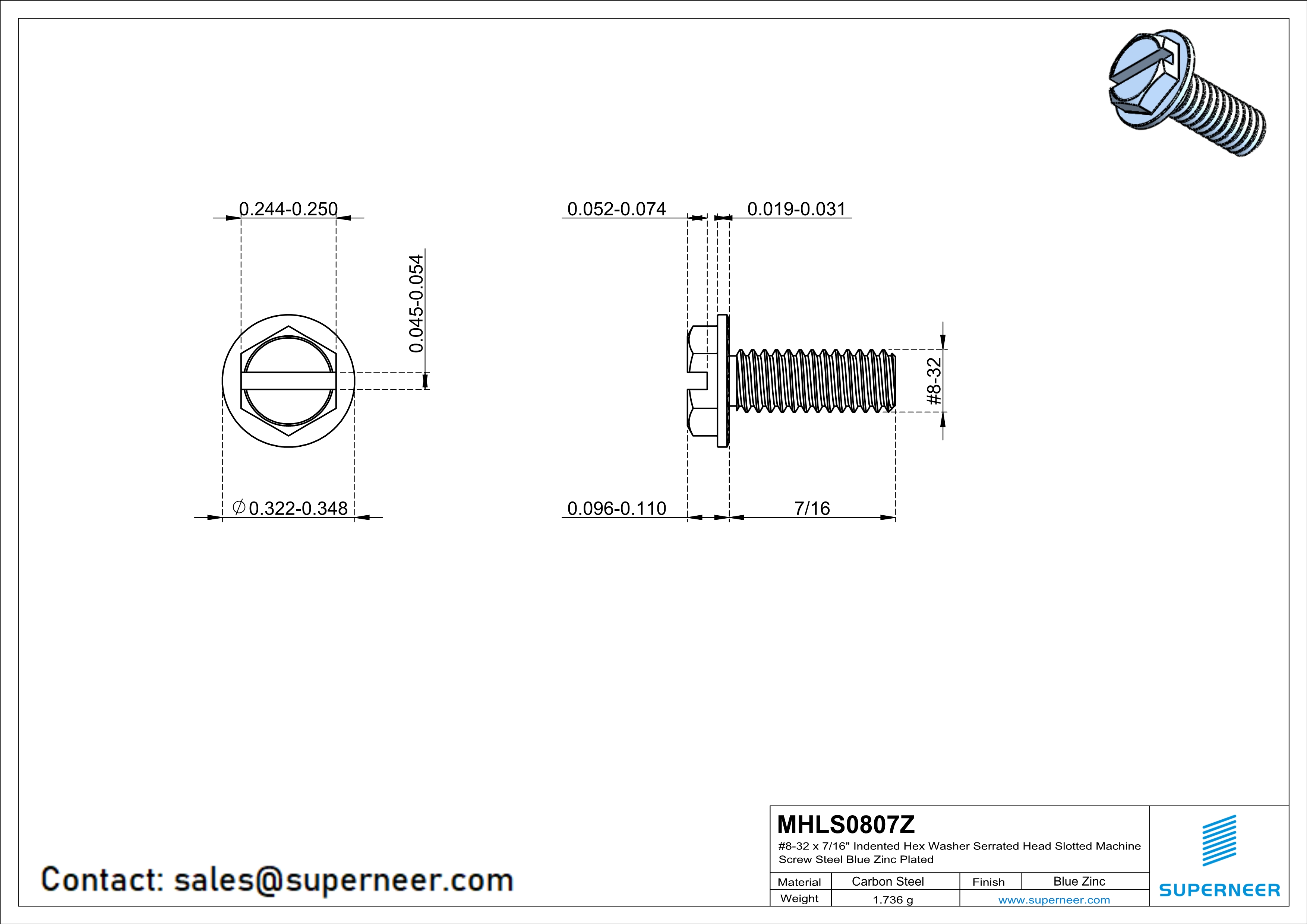 8-32 x 7/16&ldquo; Indented Hex Washer Serrated Head Slotted Machine Screw Steel Blue Zinc Plated