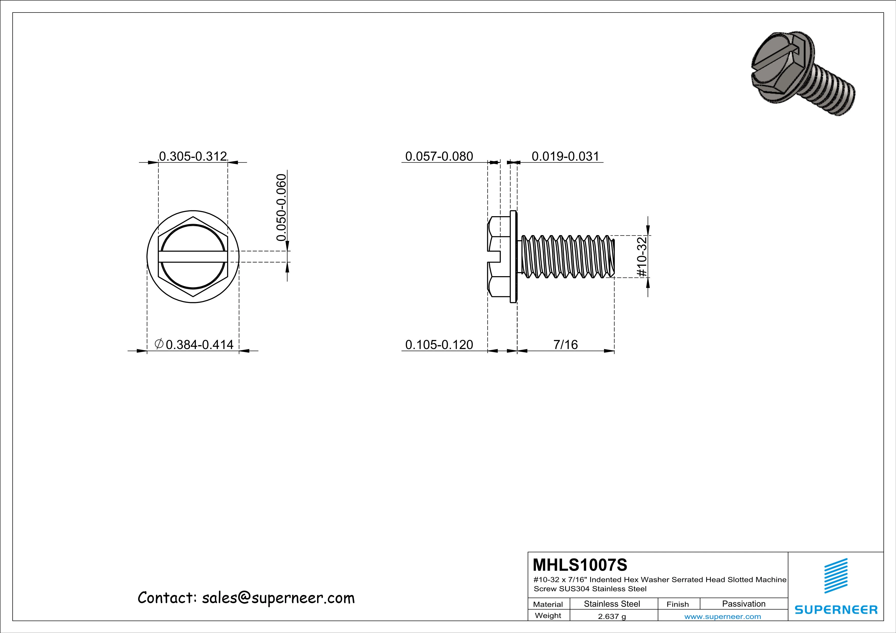 10-32 x 7/16&ldquo; Indented Hex Washer Serrated Head Slotted Machine Screw SUS304 Stainless Steel Inox