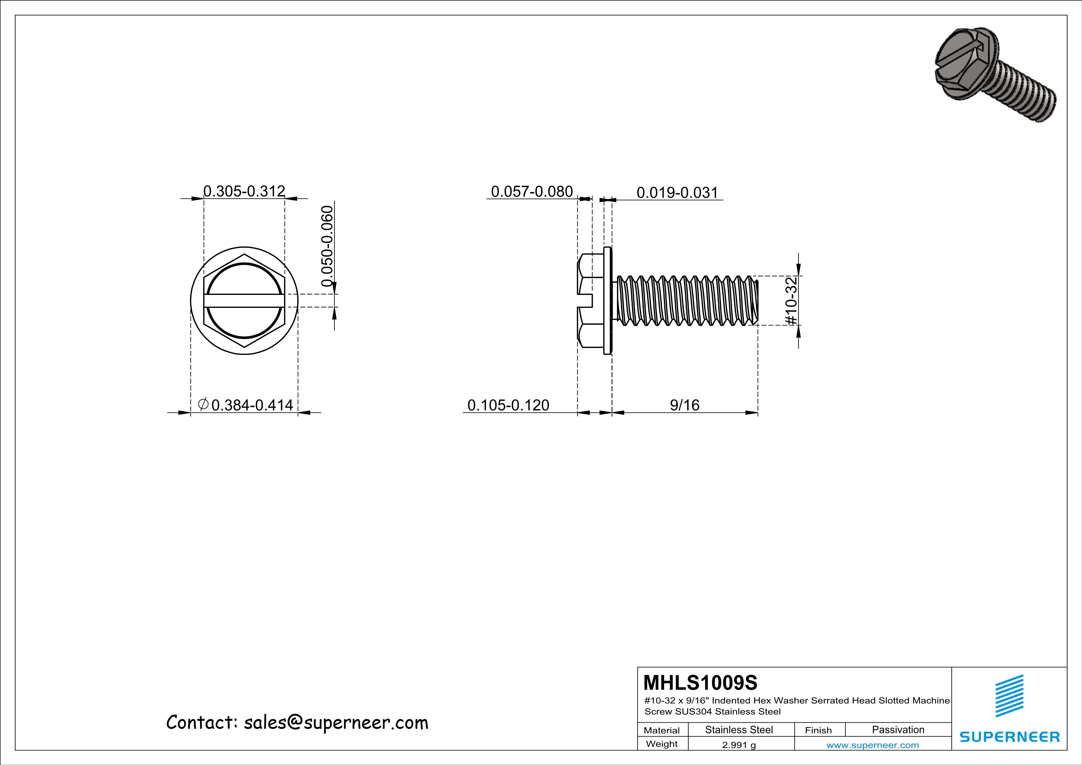 10-32 x 9/16&ldquo; Indented Hex Washer Serrated Head Slotted Machine Screw SUS304 Stainless Steel Inox