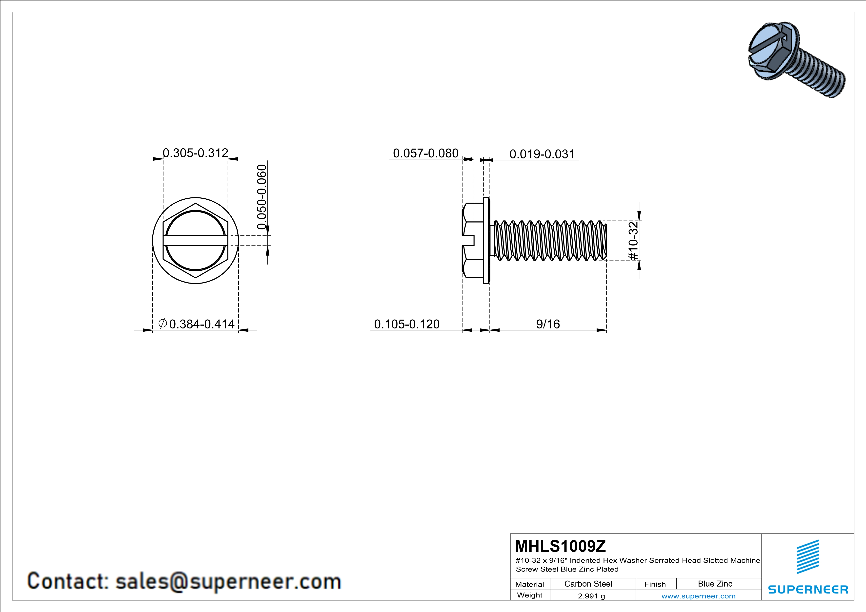 10-32 x 9/16&ldquo; Indented Hex Washer Serrated Head Slotted Machine Screw Steel Blue Zinc Plated