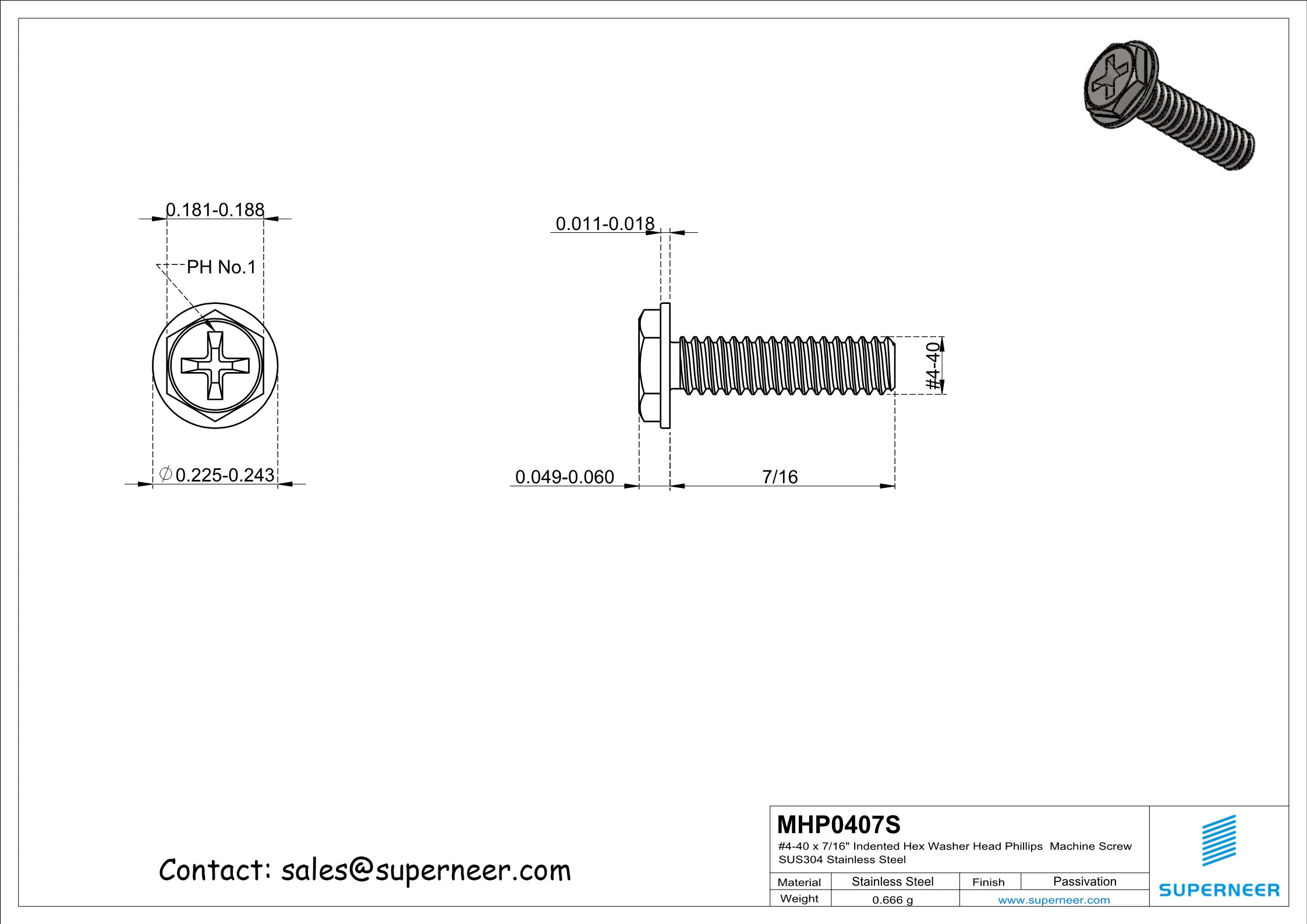 4-40 x 7/16&ldquo; Indented Hex Washer Head Phillips Machine Screw SUS304 Stainless Steel Inox