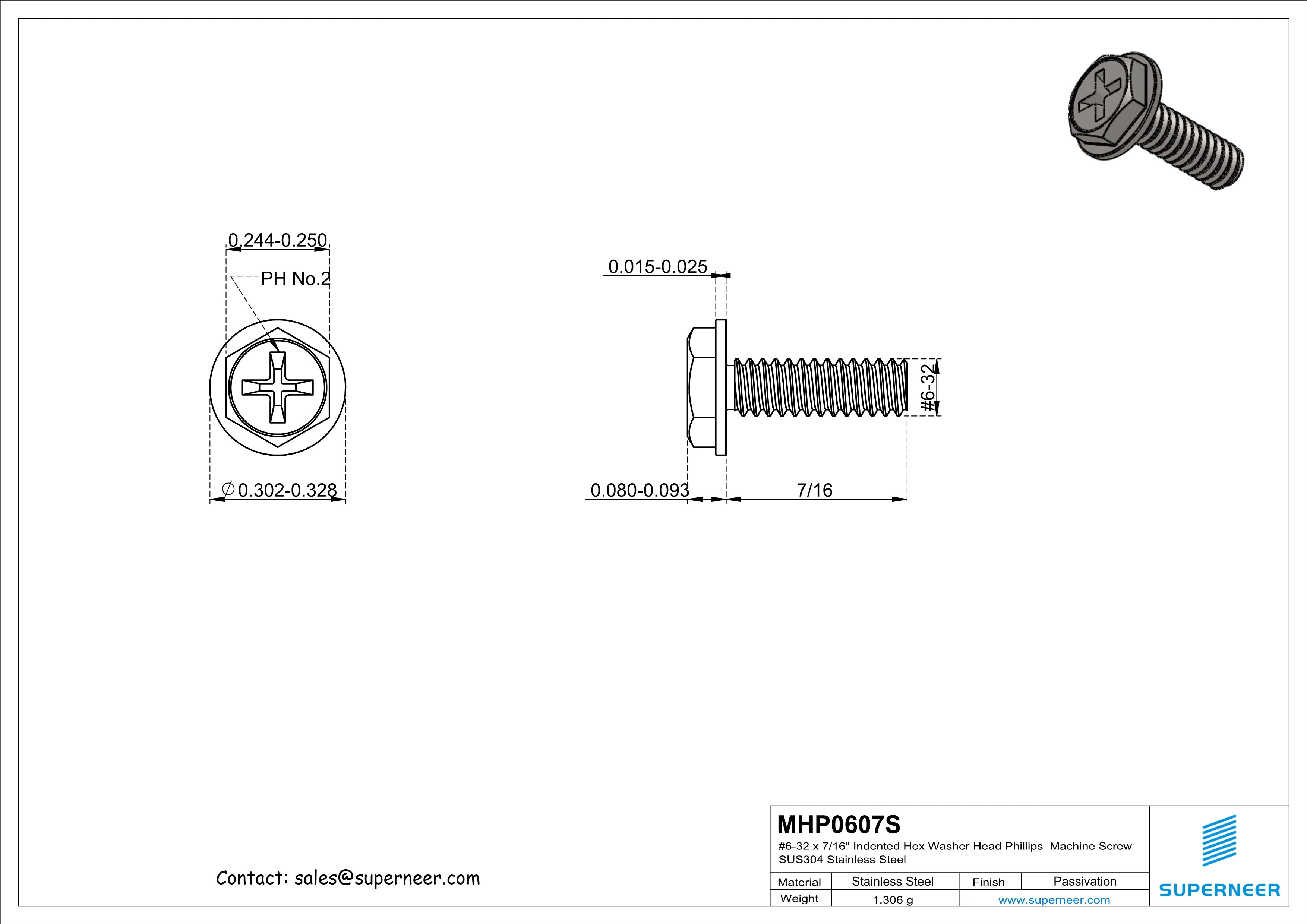 6-32 x 7/16&ldquo; Indented Hex Washer Head Phillips Machine Screw SUS304 Stainless Steel Inox